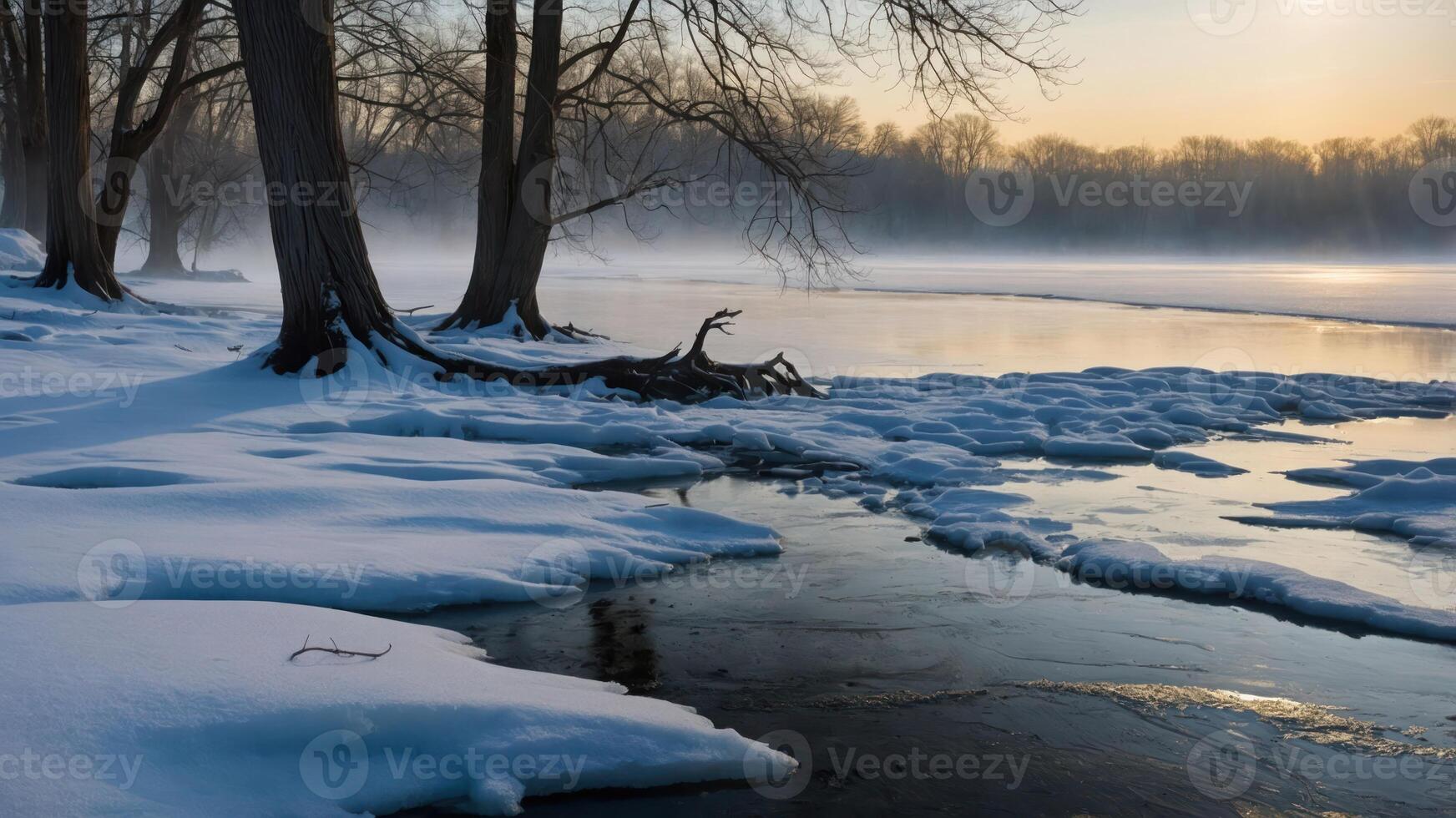Icy River Landscape with Bare Trees and Fog at Sunset photo