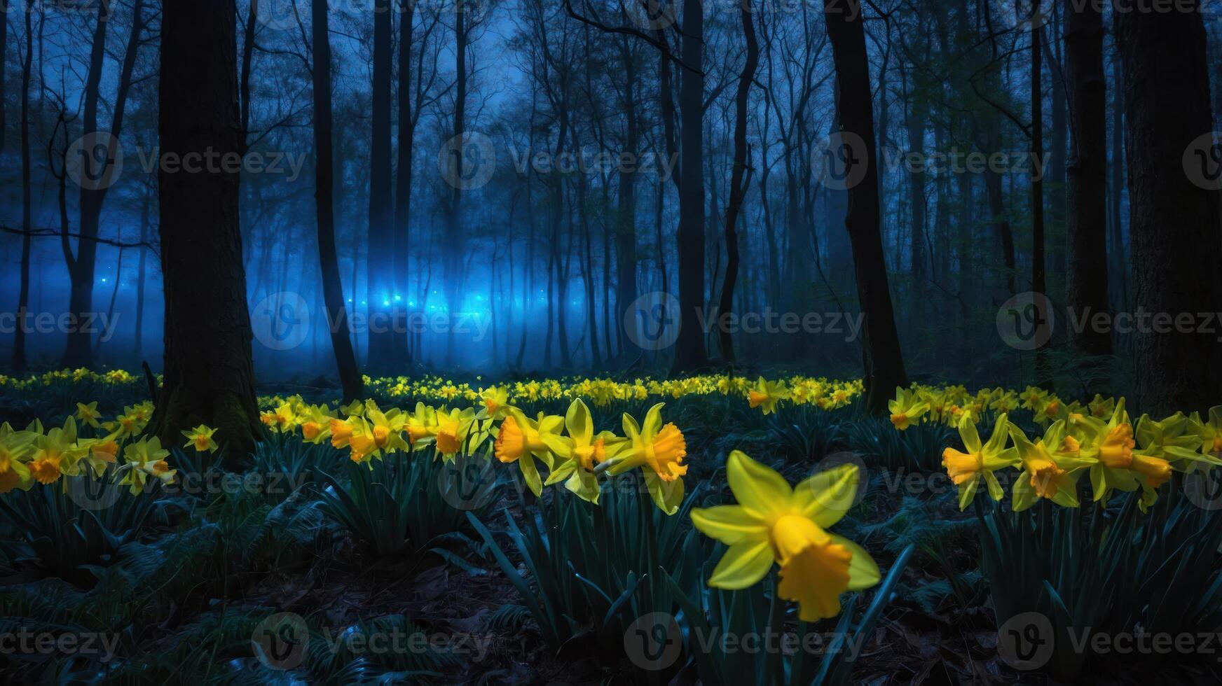 Blooming Daffodils in a Forest with Misty Blue Glow Landscape photo
