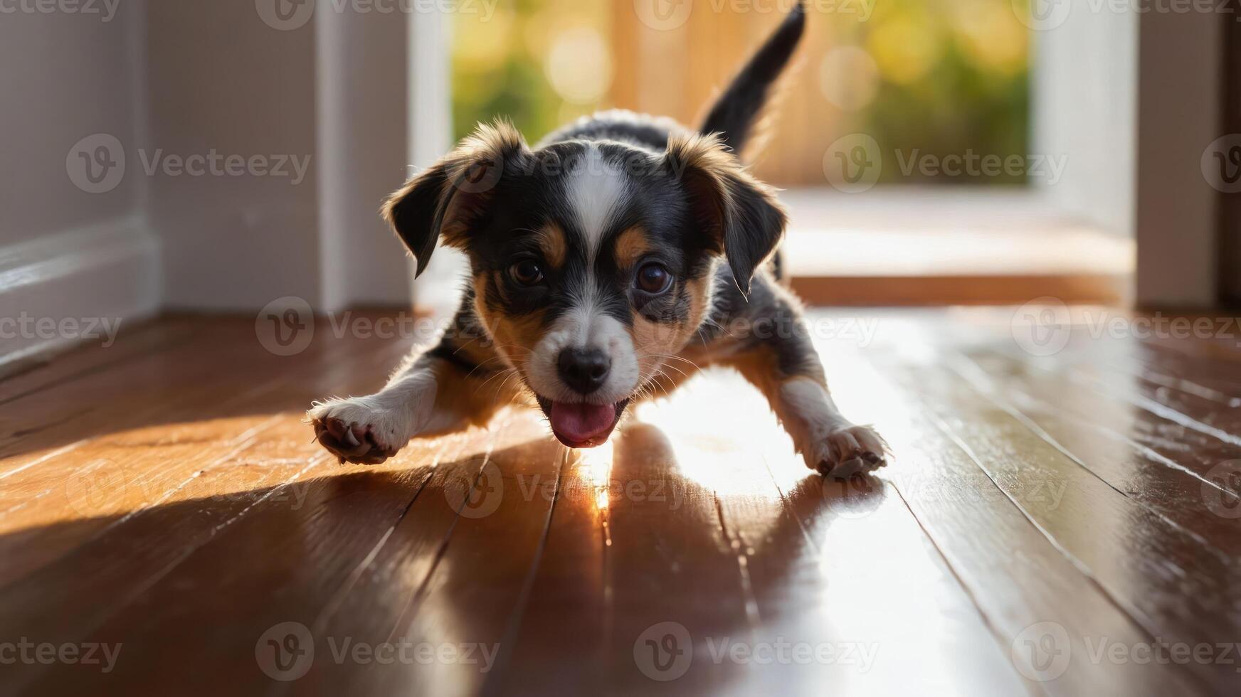 Puppy Crawling on Hardwood Floor with Playful Expression and Sunlight photo