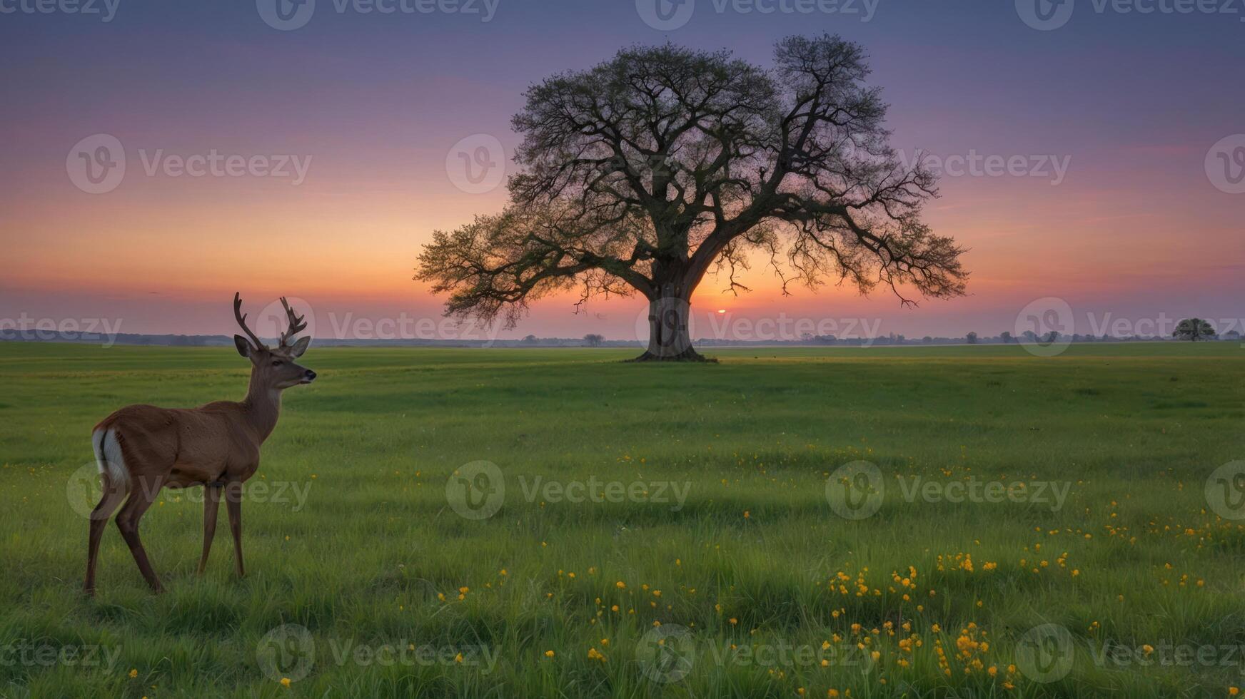Deer Standing in Meadow with Large Tree at Sunset Scenery photo