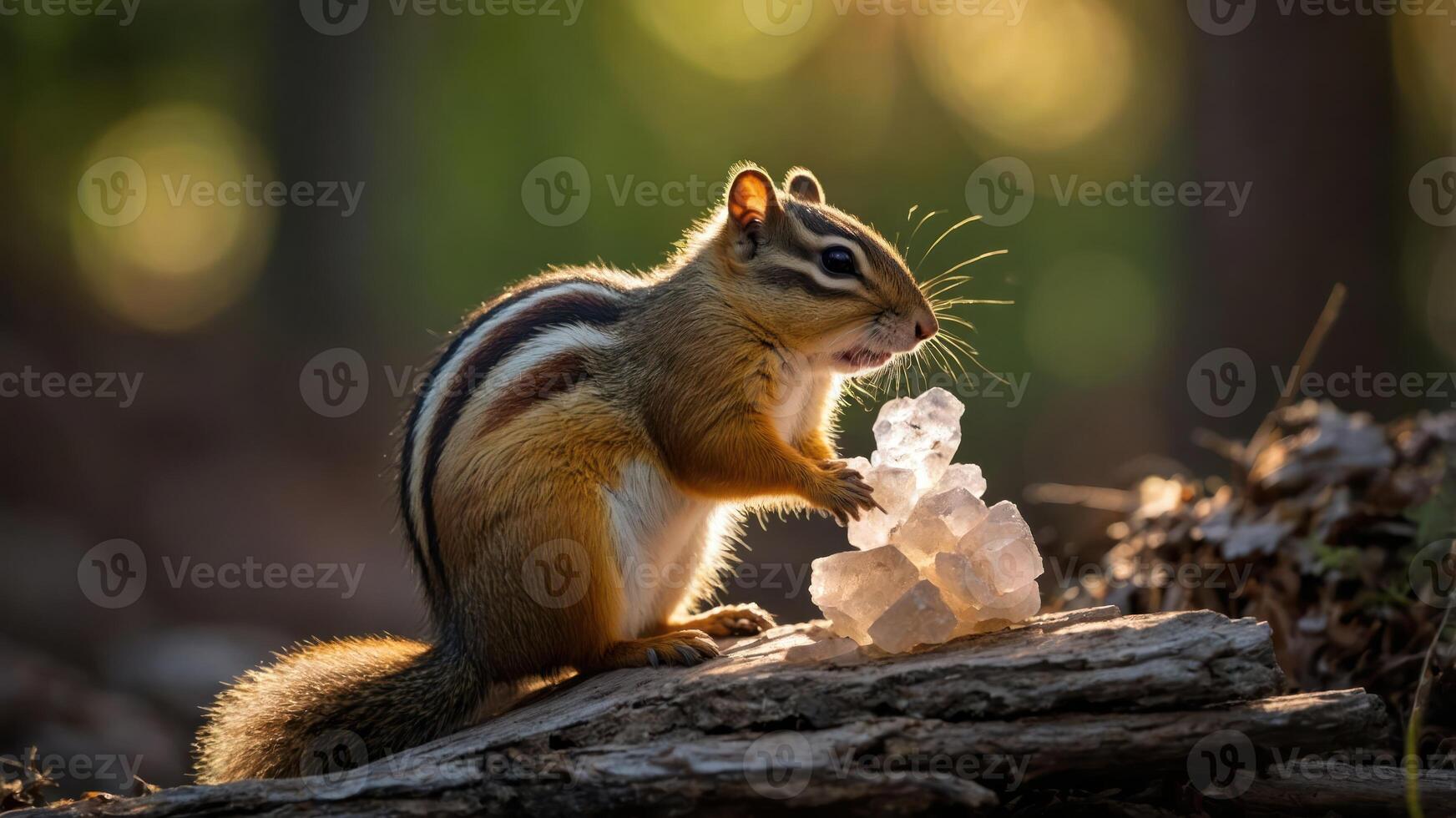 Chipmunk Holding Sugar Cubes in Forest Setting with Soft Lighting photo