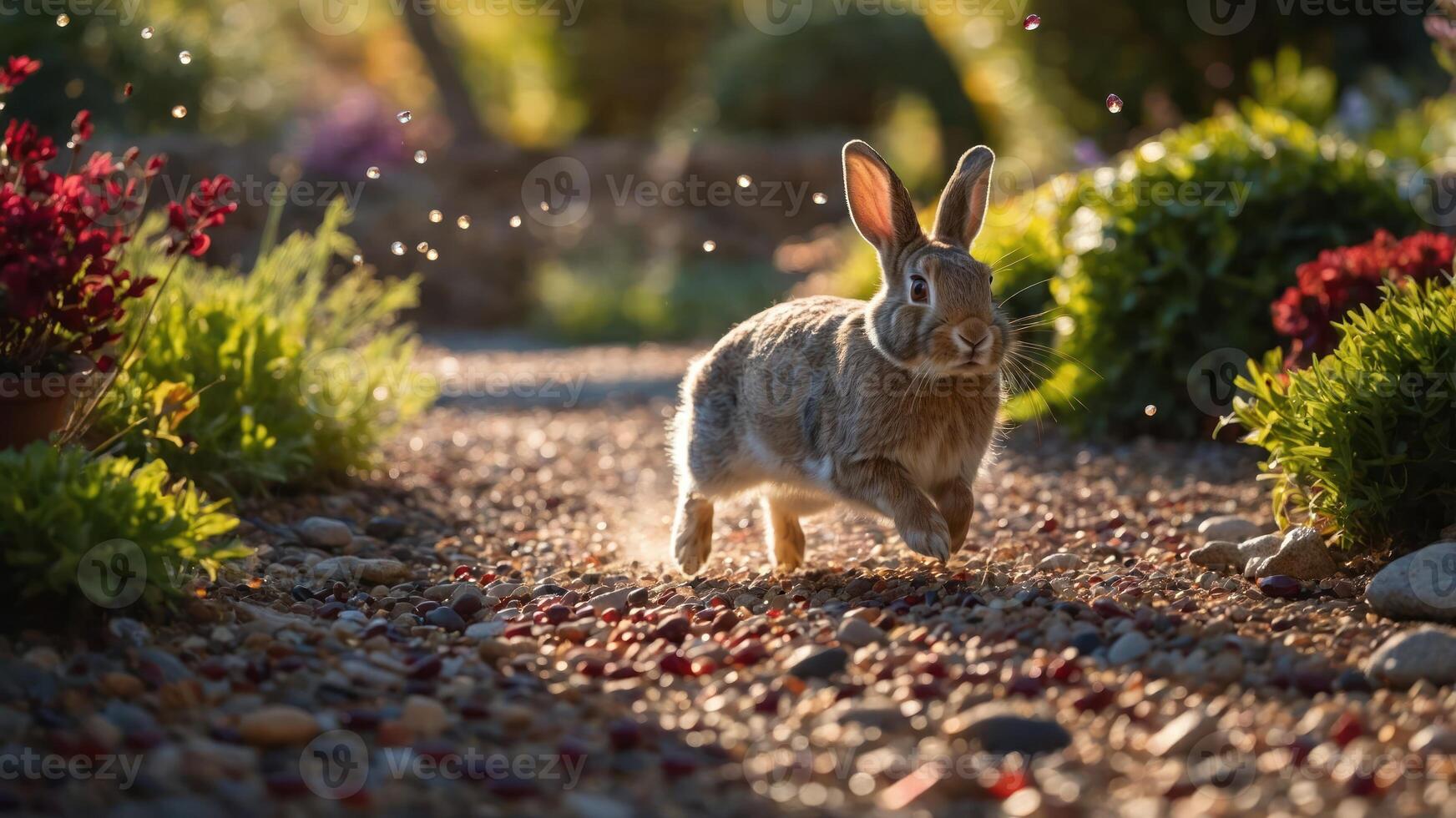 Rabbit Running Quickly Down Garden Path with Flowers and Pebbles photo