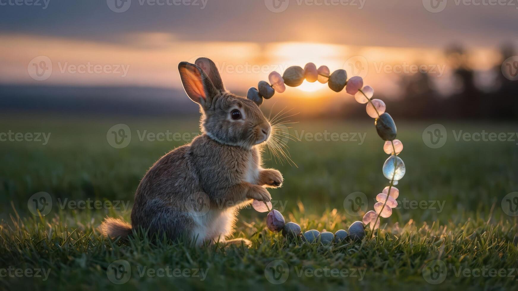 Rabbit Holding Stone Circle in Grassy Field at Sunset photo
