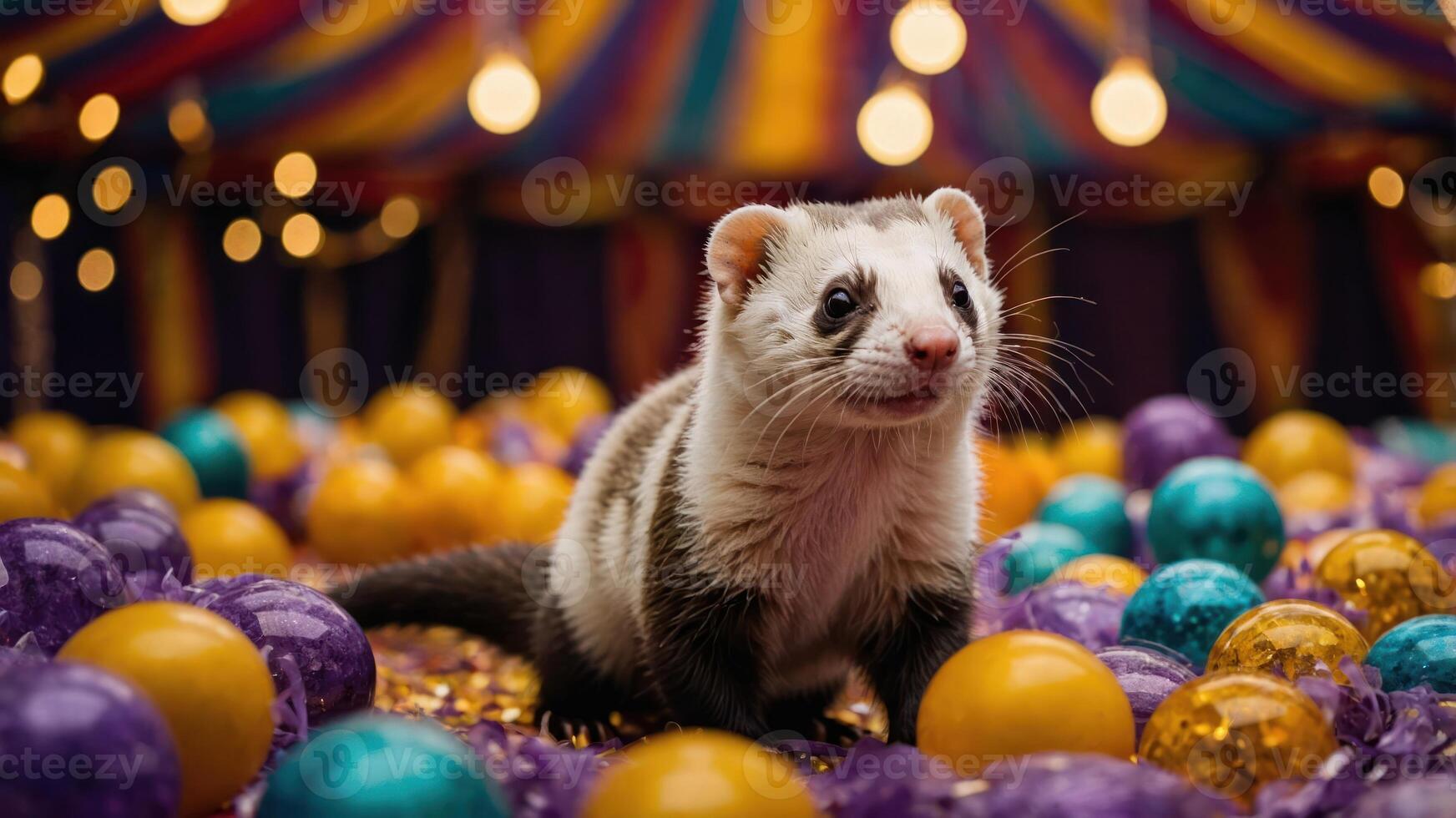 Curious Ferret in Colorful Ball Pit Under Festive Tent Lights photo