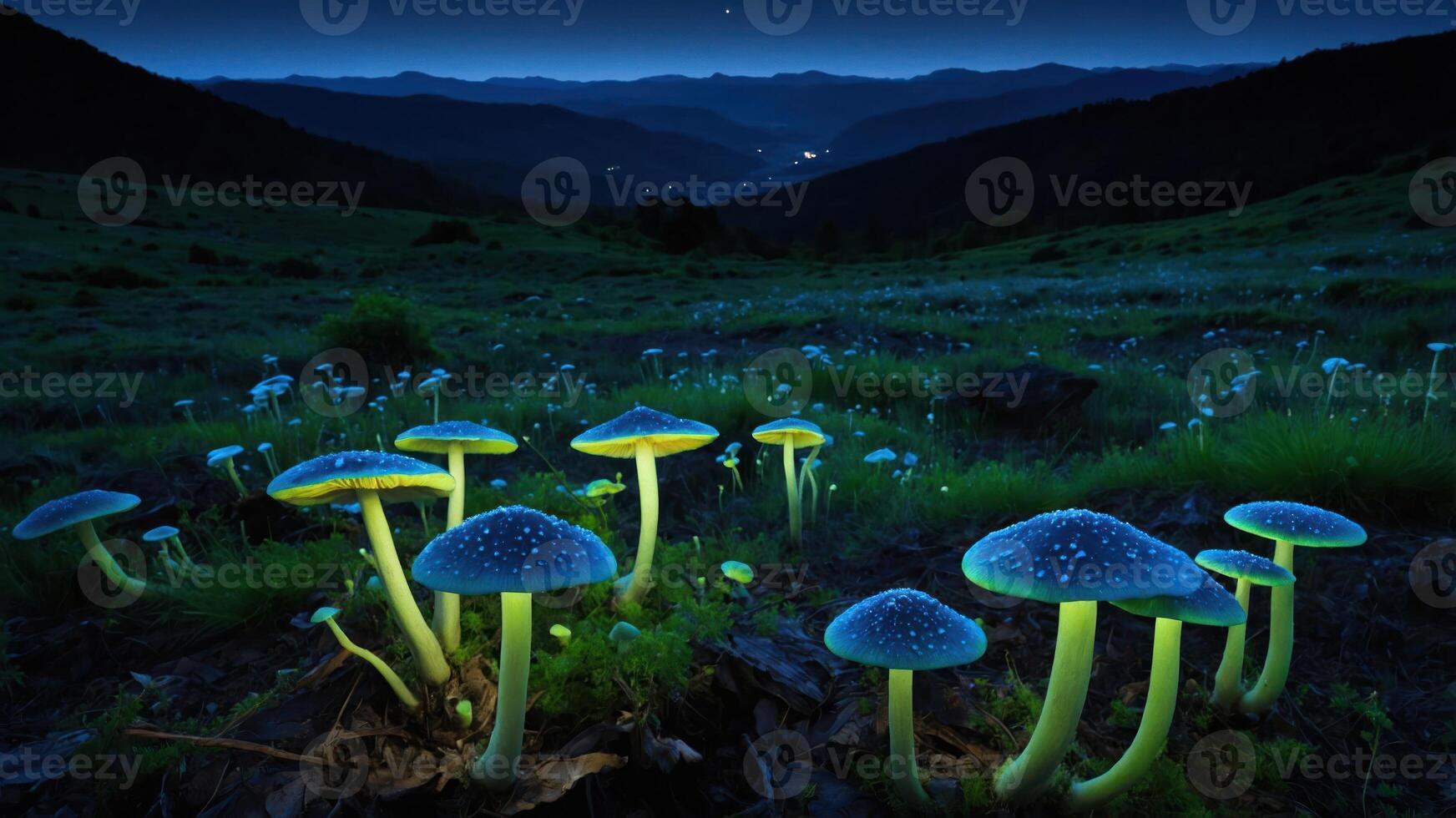 Glowing Mushrooms in a Dark Field with Distant Mountain Silhouettes photo