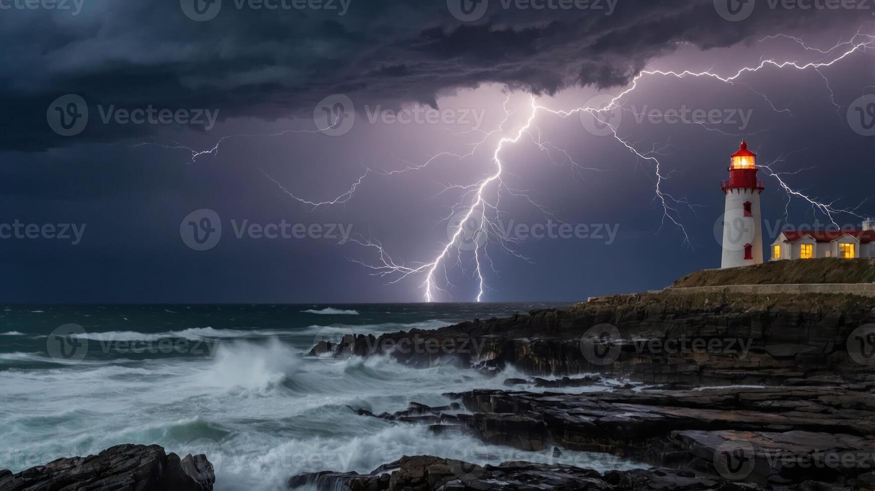 Lighthouse Strikes Lightning During Storm on Rocky Coastline with Crashing Waves photo