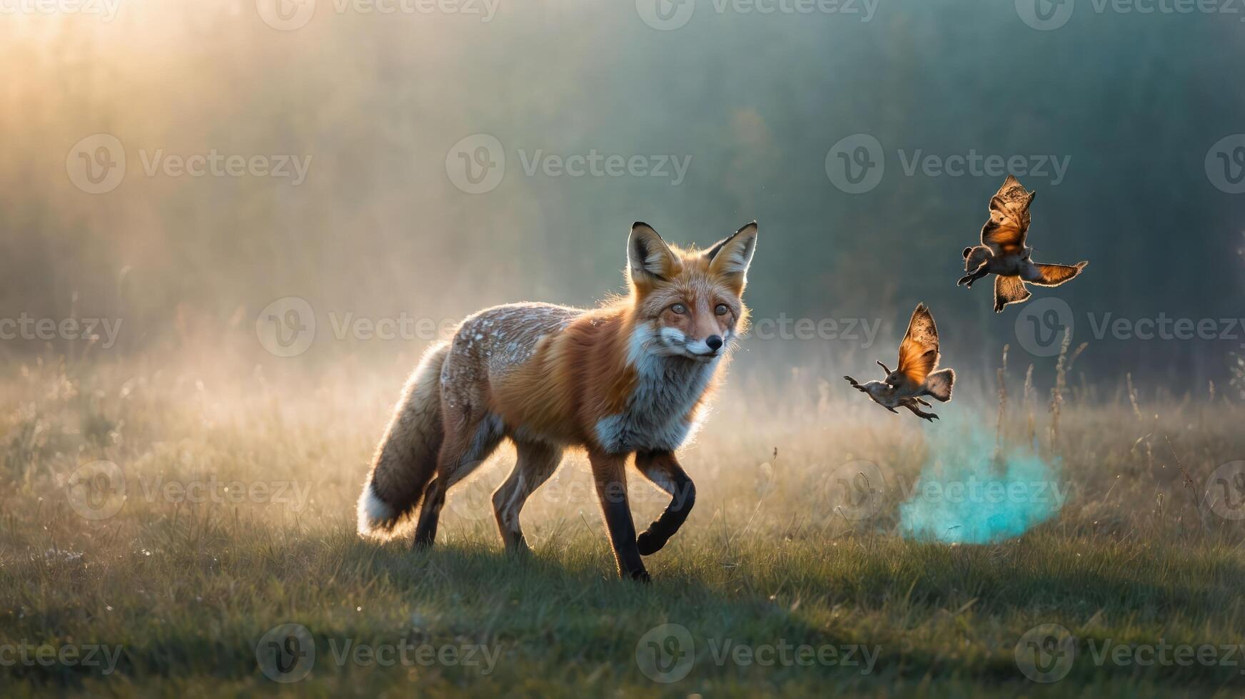 Fox Walking in Grassy Field with Butterflies on a Foggy Morning photo