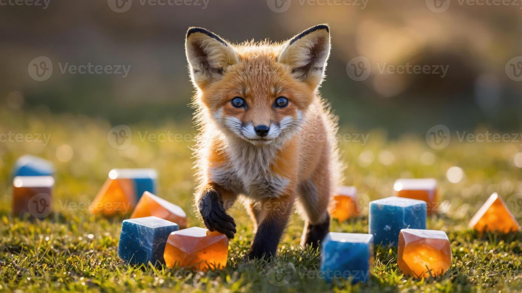 Fox Cub Walking on Green Grass with Colorful Decorative Cubes photo