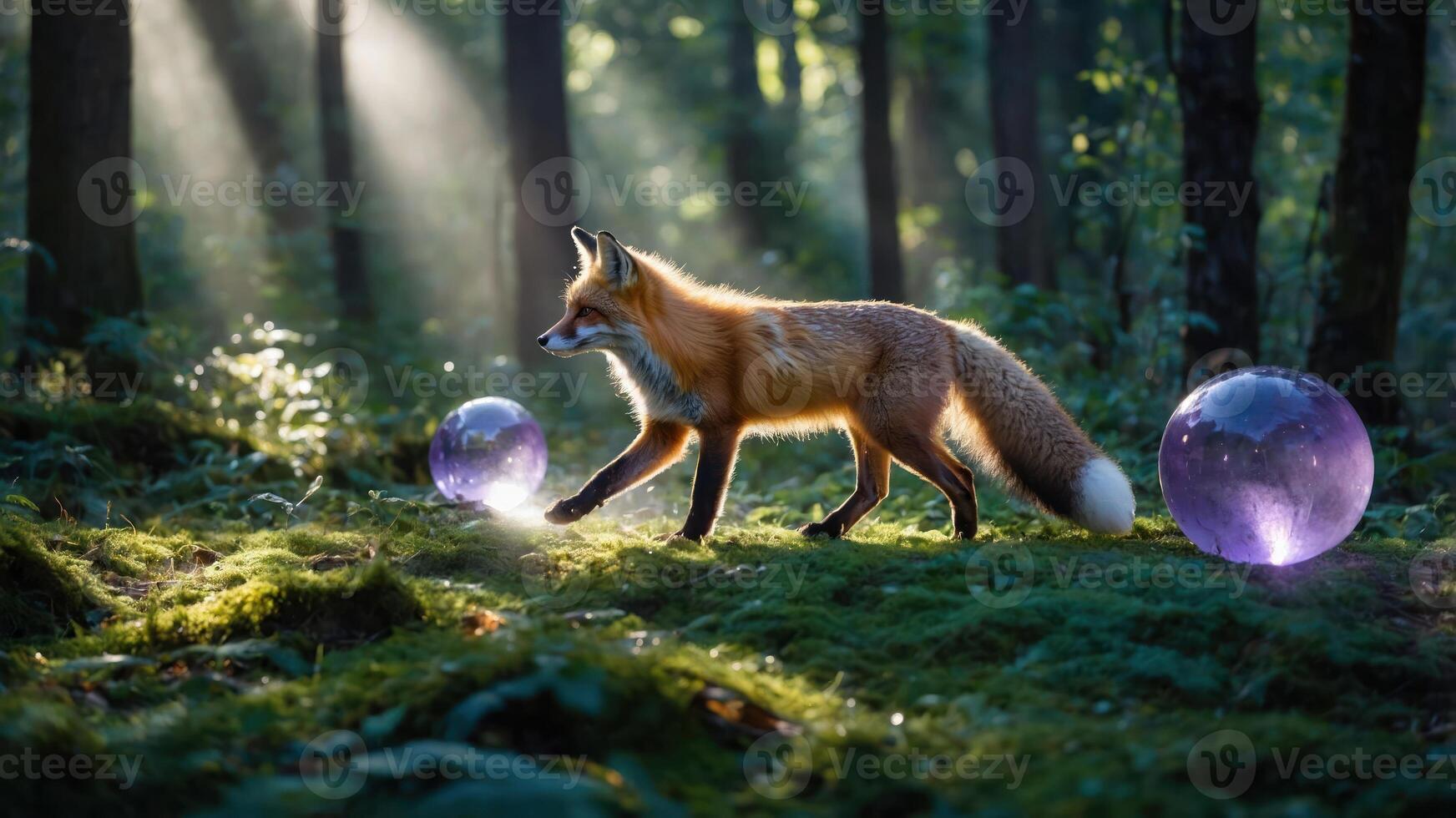Fox Walking Through Forest with Glowing Spheres Under Sunlight photo