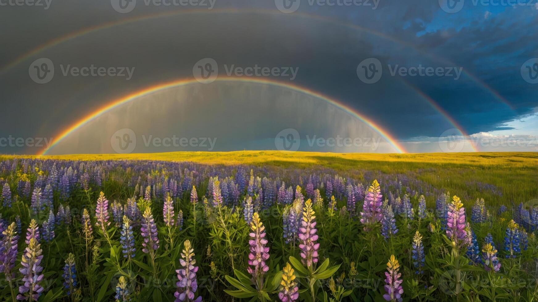 Double Rainbow Shines Over Wildflower Meadow After a Gentle Rainfall photo