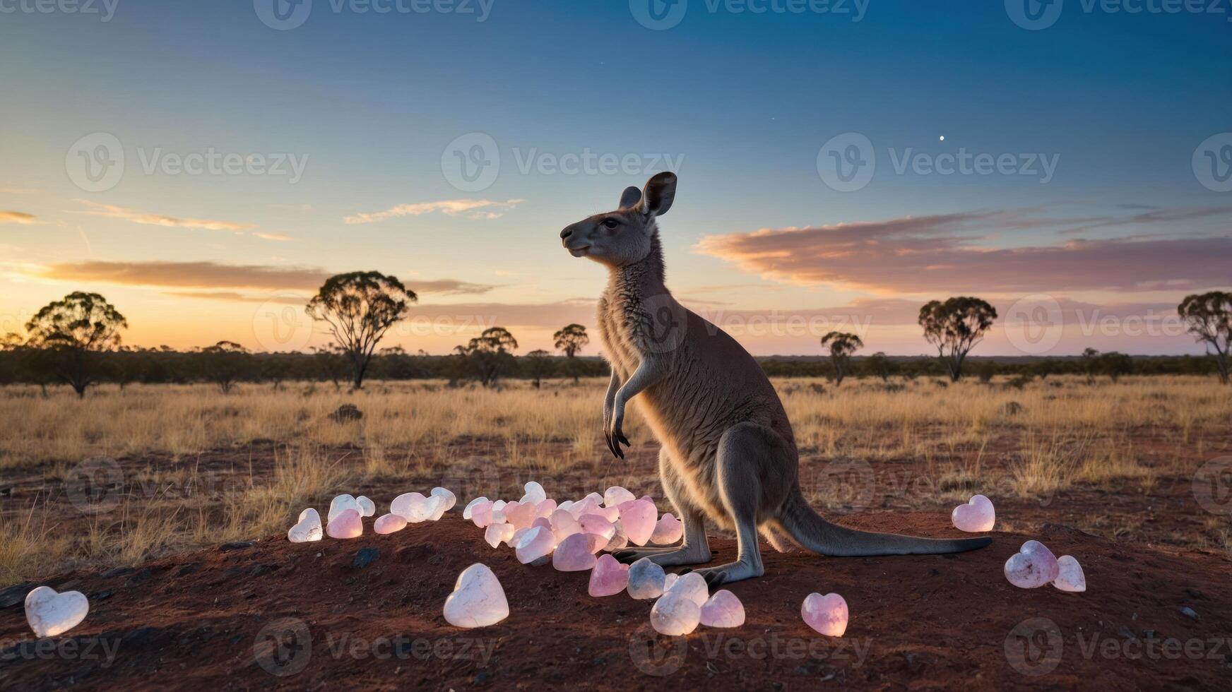Kangaroo Standing by Heart Shaped Objects During Sunset in Outback photo