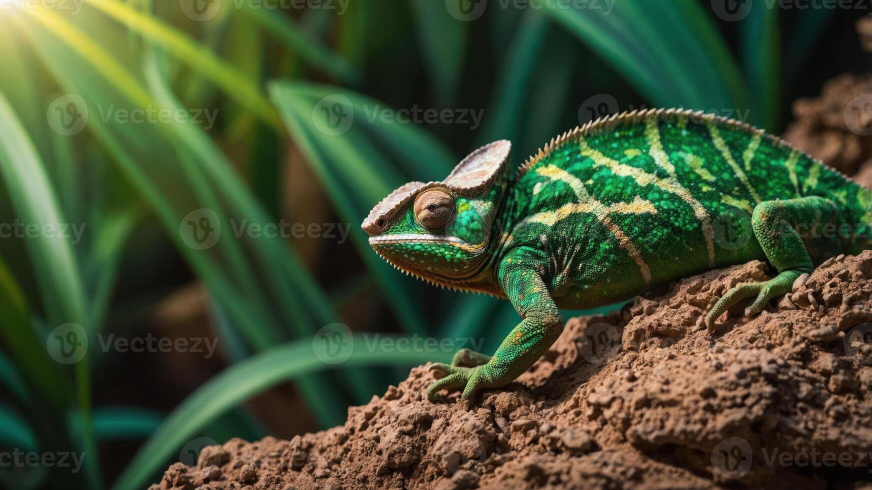Chameleon Resting on Soil with Green Plants in Background photo