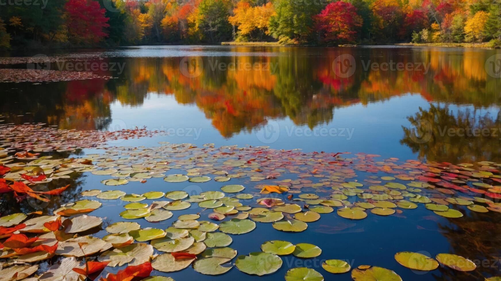 Autumn Lake Scene with Reflections of Fall Foliage and Lily Pads photo