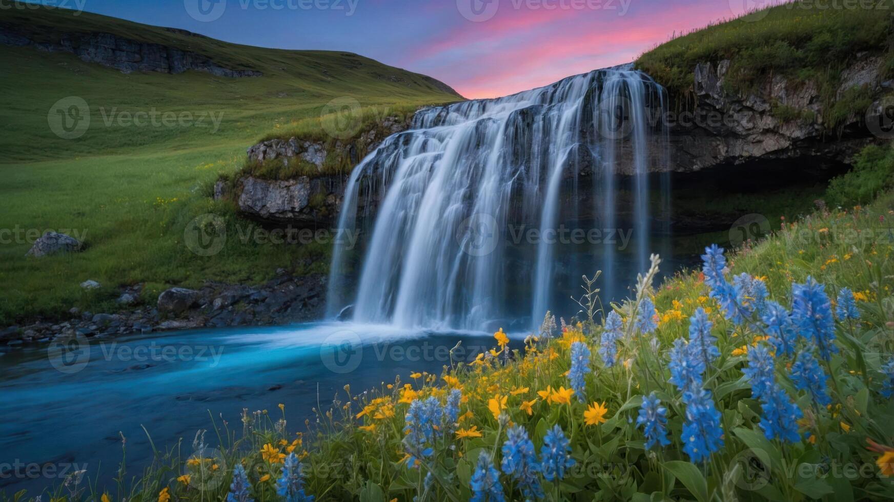 Waterfall Flowing Into River with Wildflowers and Colorful Sunset photo
