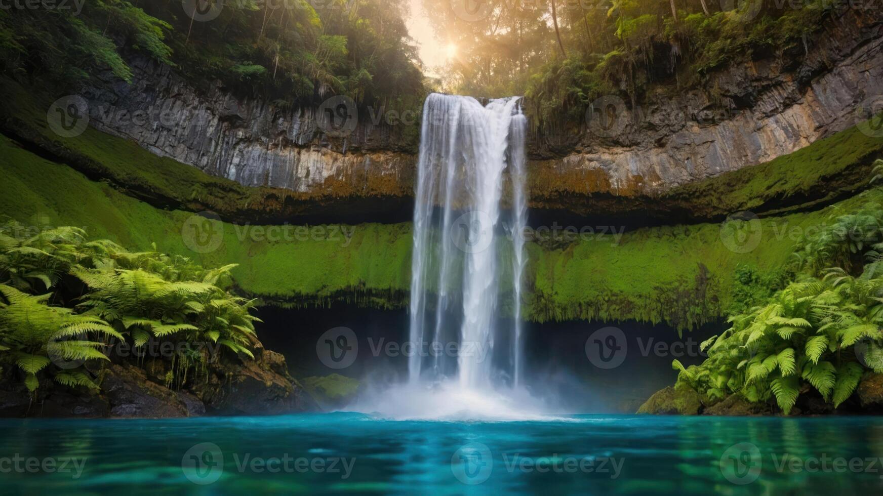 Cascading Waterfall Plunging Into Turquoise Pool Surrounded by Lush Forest photo
