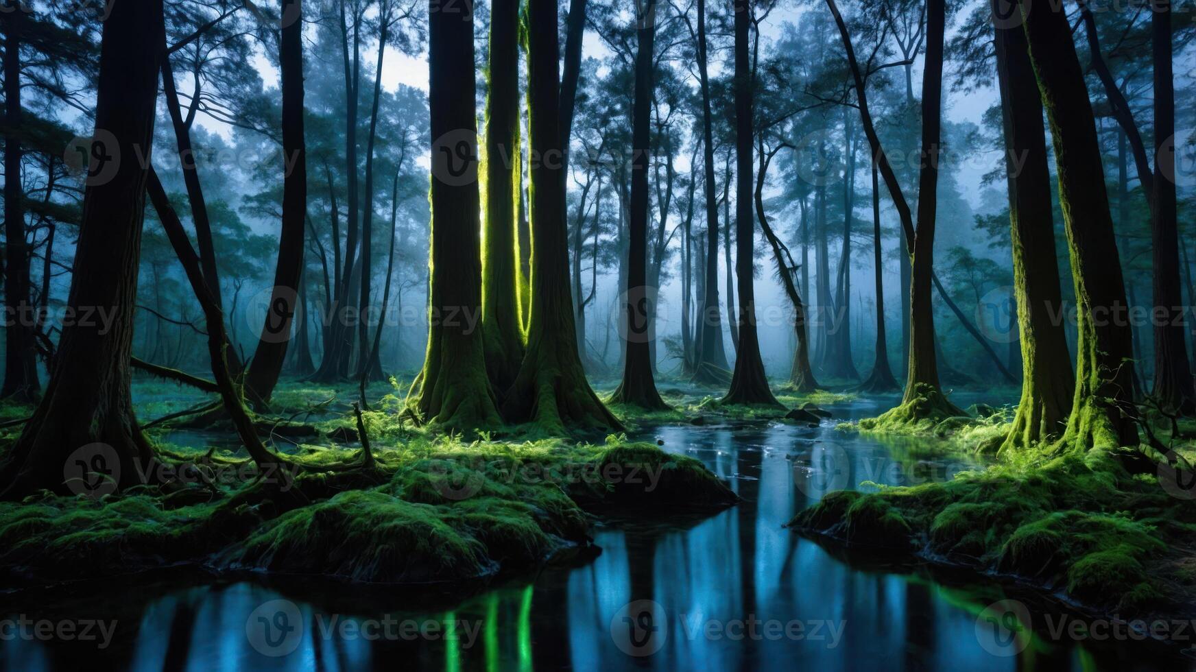 Tranquil Forest Stream Reflects Tall Trees and Mossy Ground Cover photo