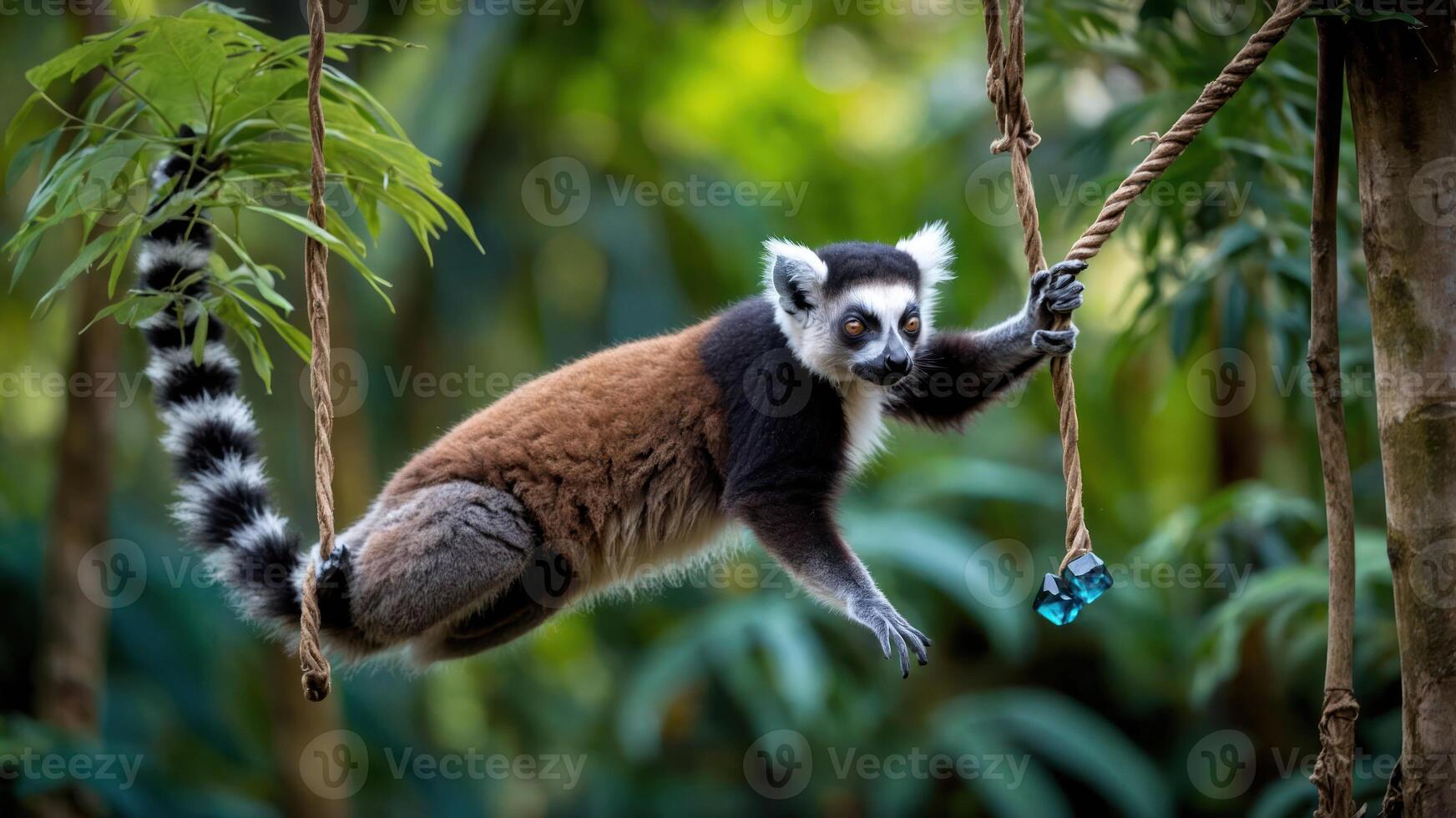Ring-tailed Lemur Swinging on Rope in Lush Green Forest photo