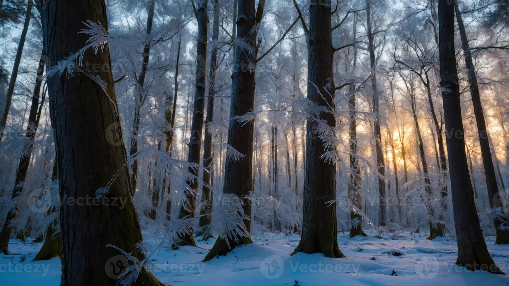 Walking Through a Snowy Forest at Sunset with Golden Light photo