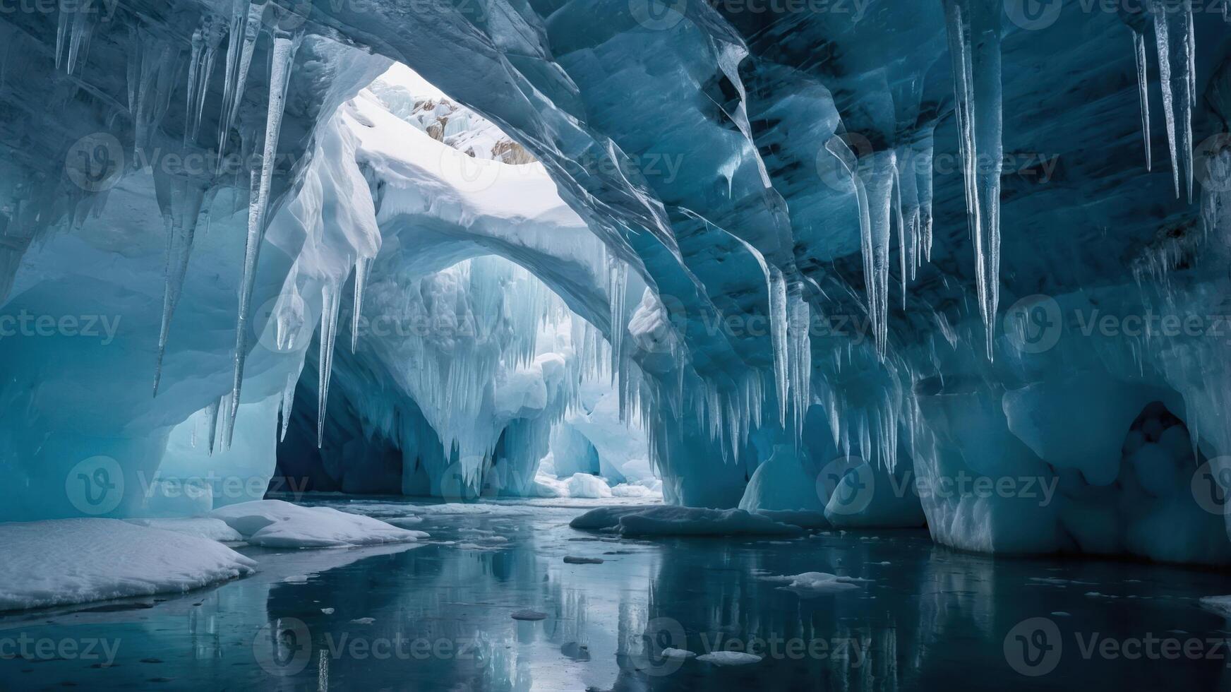Exploring Blue Ice Cave with Icicles and Reflective Water Surface photo