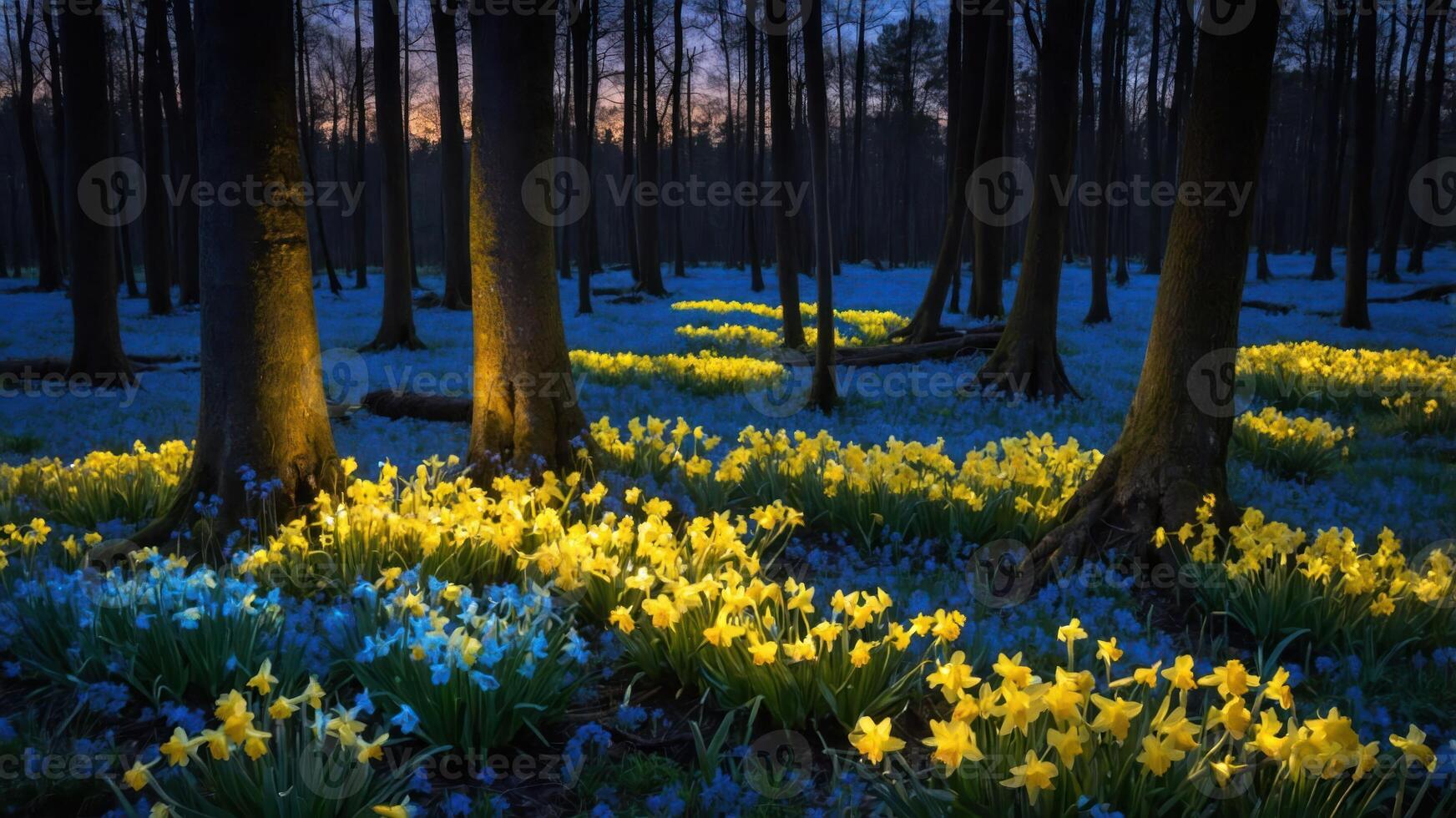 Daffodils Blooming in Forest Understory During Spring Evening Illumination photo