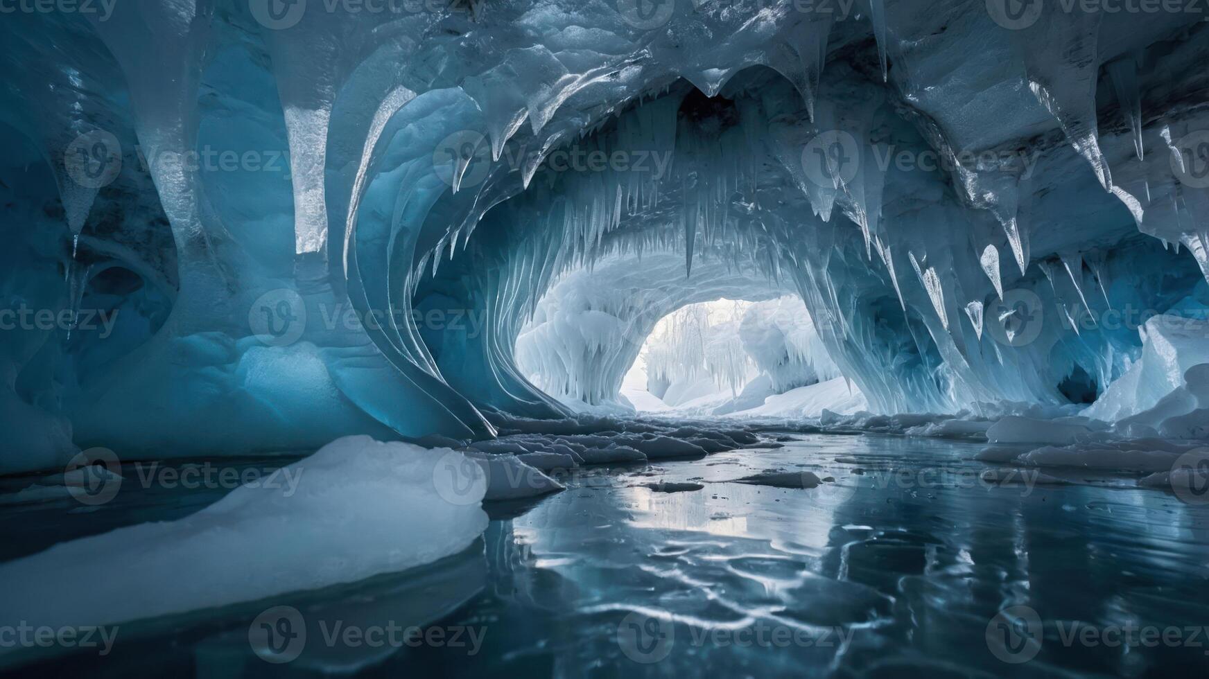 Exploring a Frozen Ice Cave with Icicles and Water Reflection photo