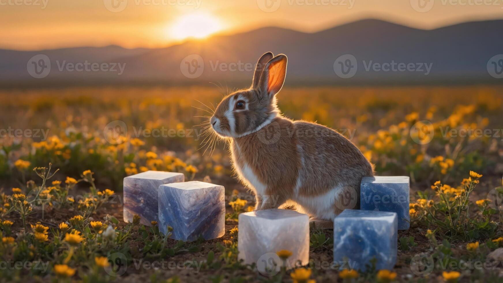 Rabbit Sitting Among Flowers and Decorative Cubes at Sunset photo