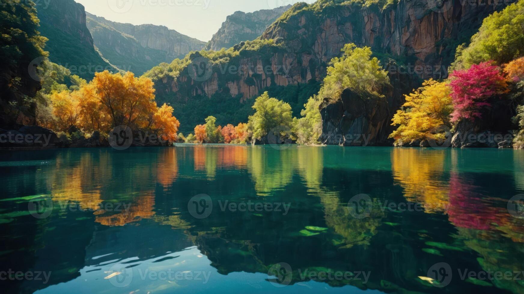 Reflections on Calm Lake Water with Autumn Colored Trees photo
