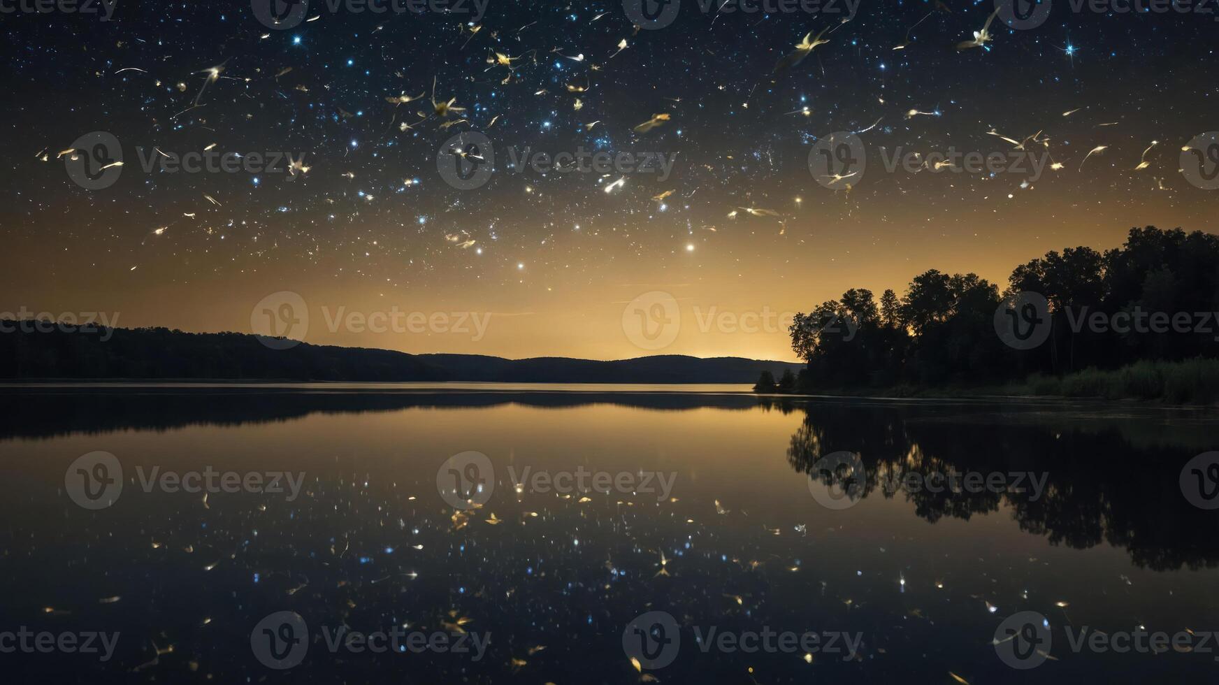 Serene Lake Reflection Under Starry Night Sky Landscape Nature View photo