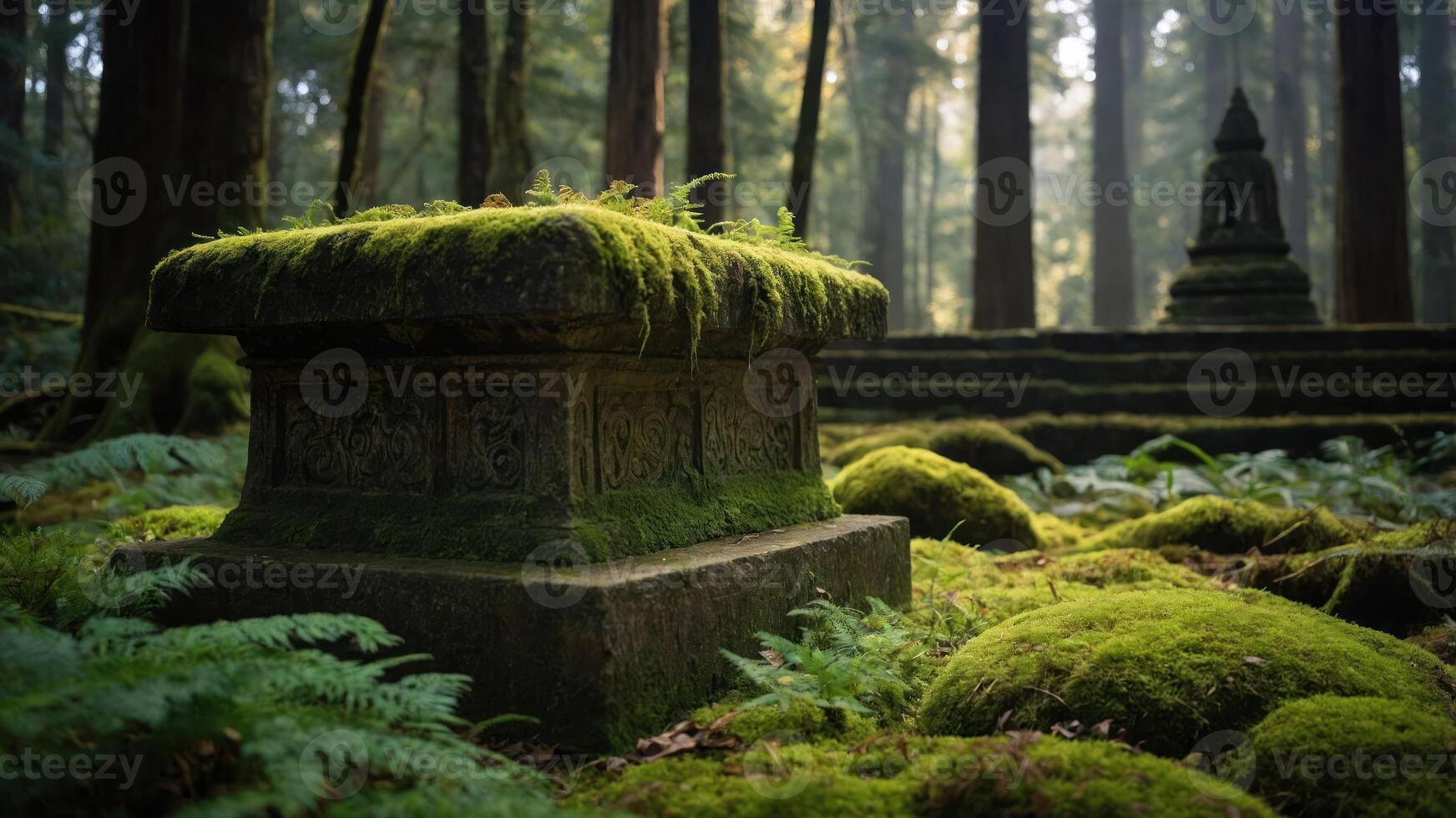 Moss Covered Stone Structure in Forest Setting with Lush Greenery photo