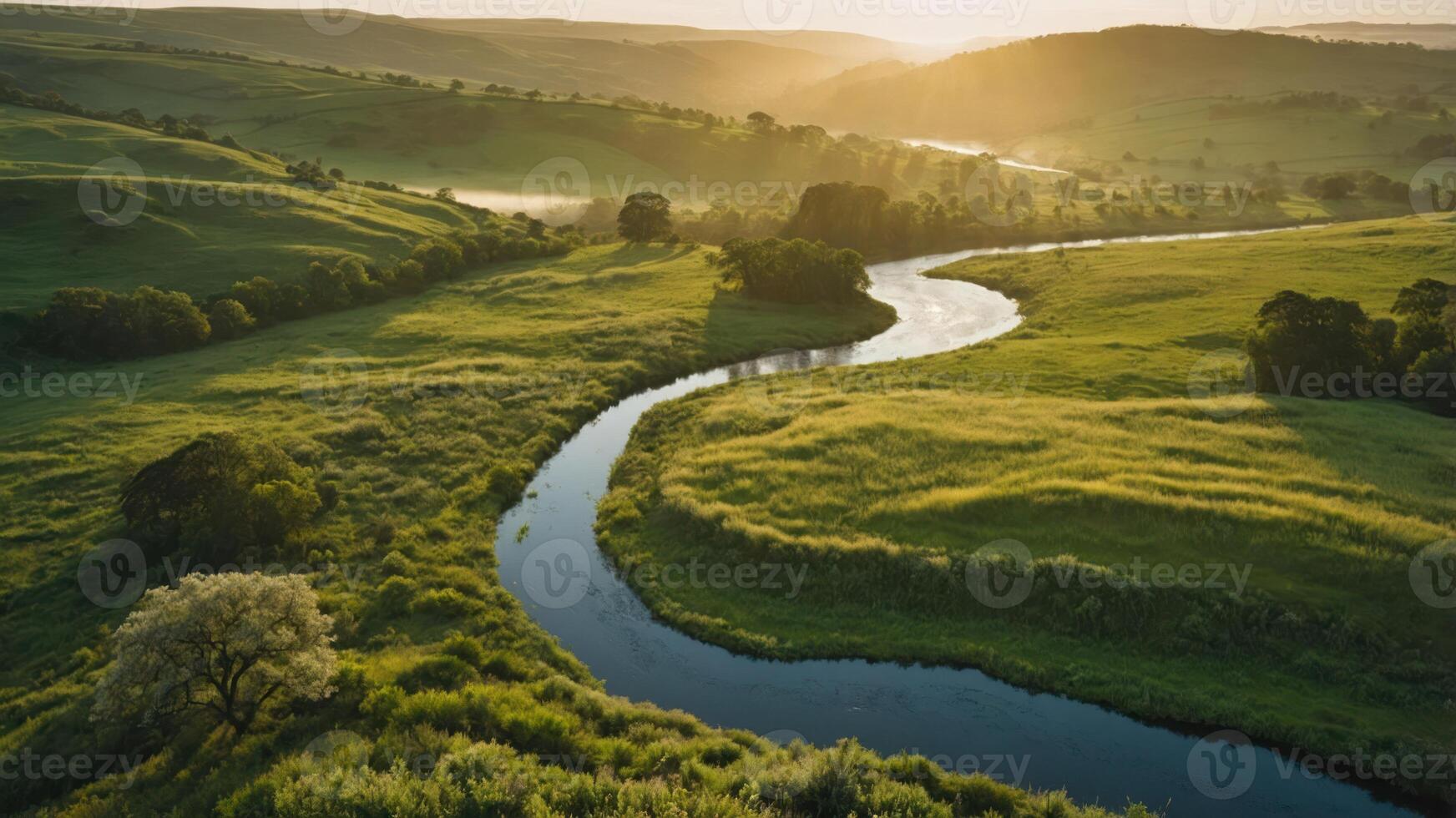 Winding River Flows Through Green Valley at Sunset or Sunrise photo