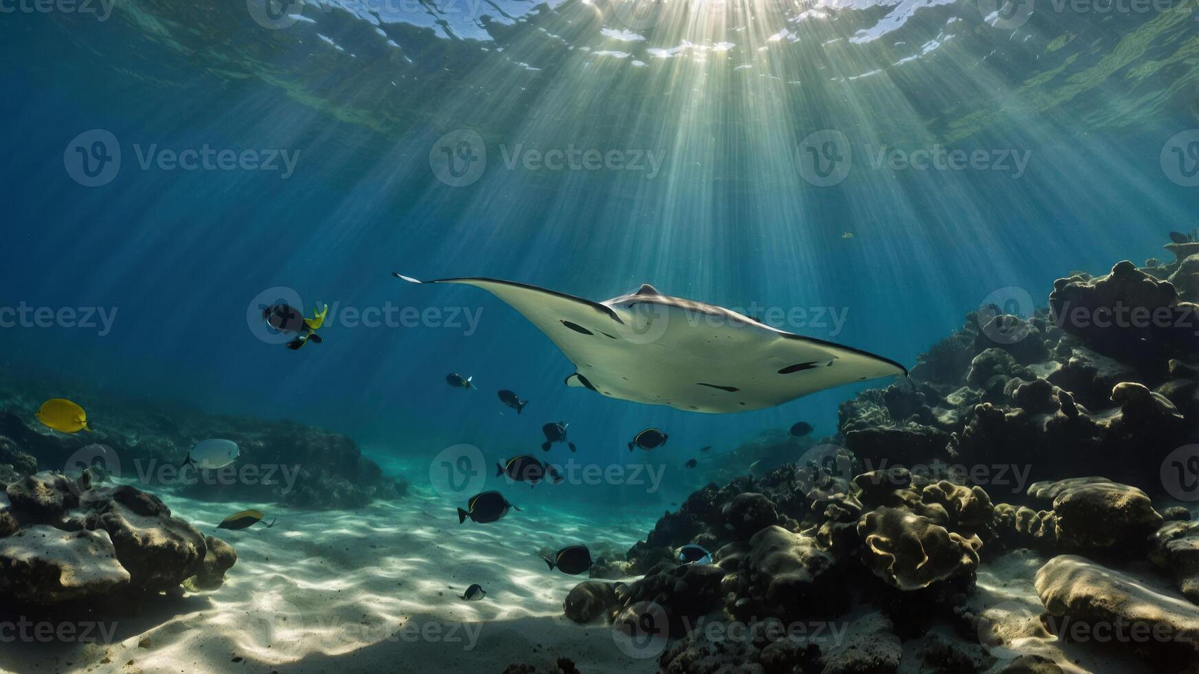 Manta Ray Swimming Underwater with Tropical Fish and Sunbeams photo