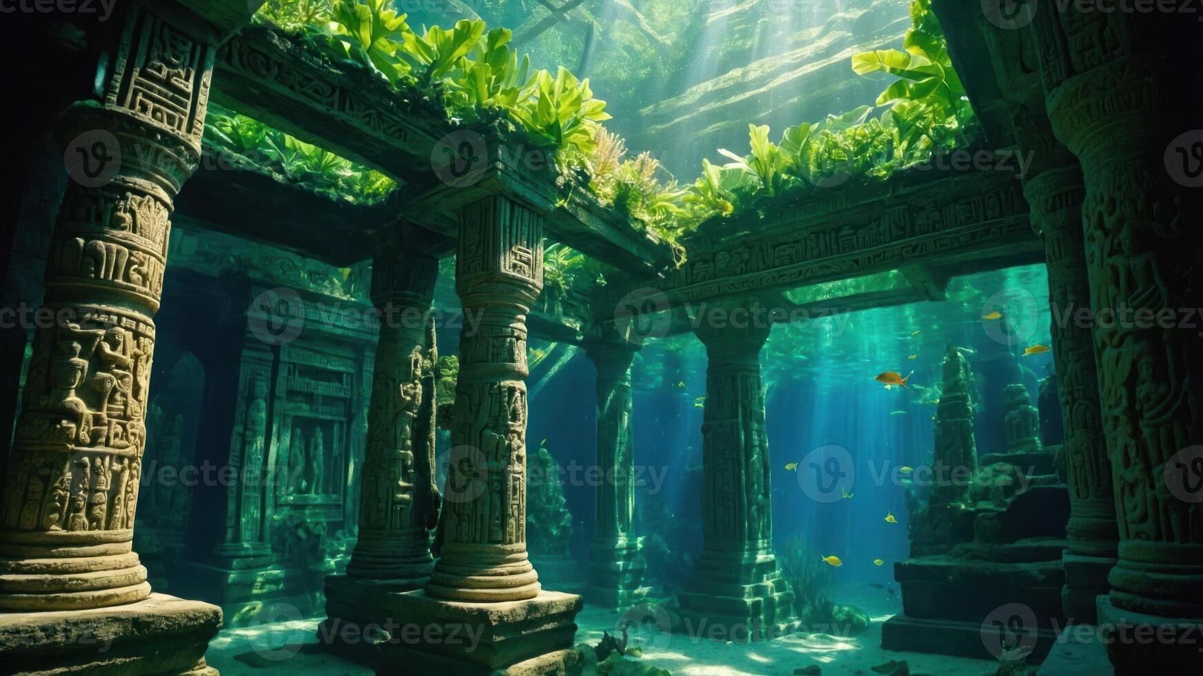 Submerged Temple Ruins with Marine Life and Sun Rays Streaming Through photo