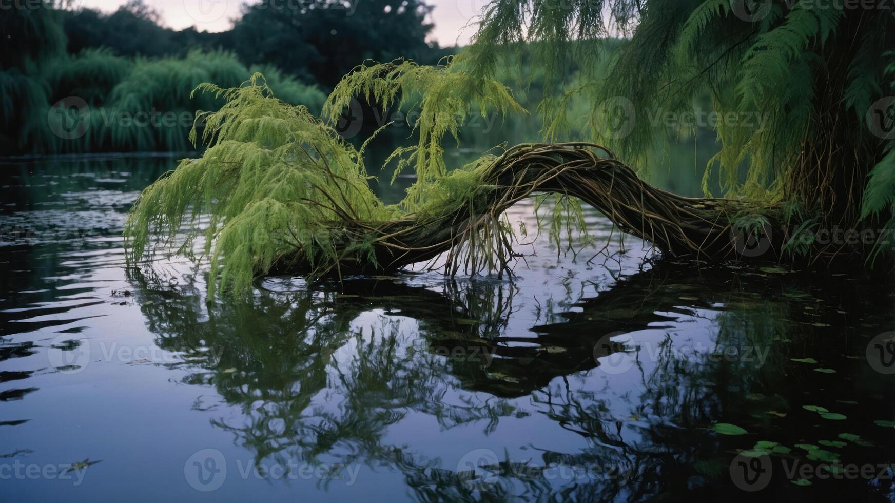 Willow Tree Branch Arching Over Water Surface with Reflection photo