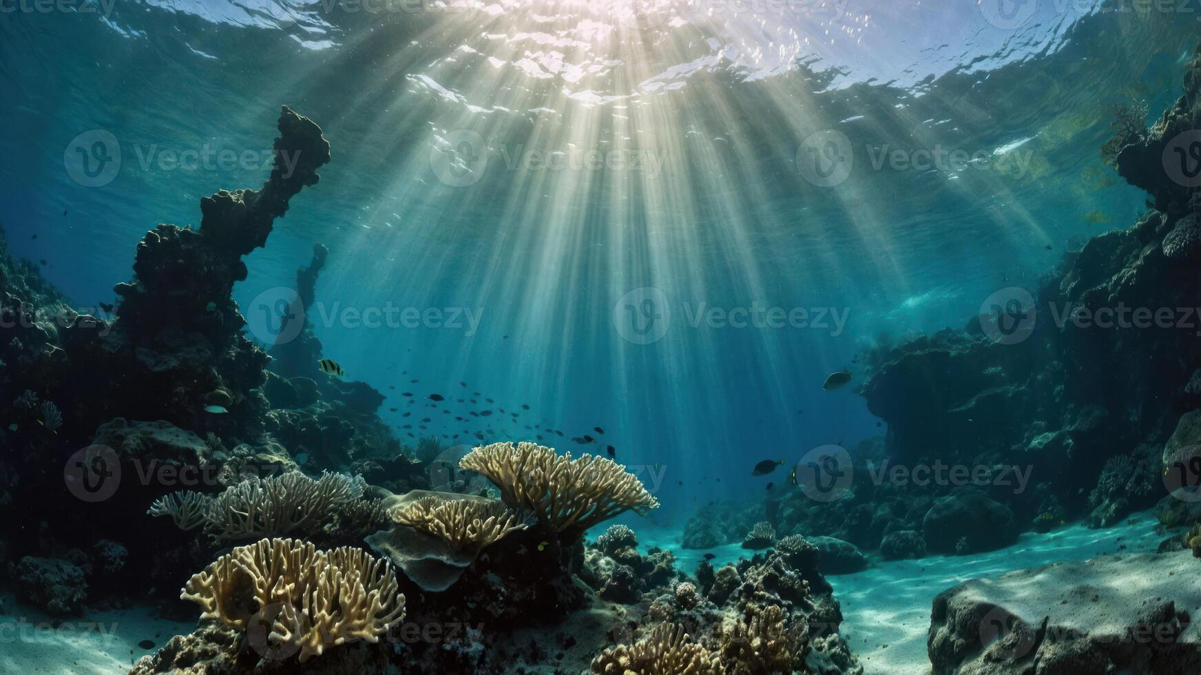 Exploring Underwater Coral Reef with Sun Rays Shining Through Water photo