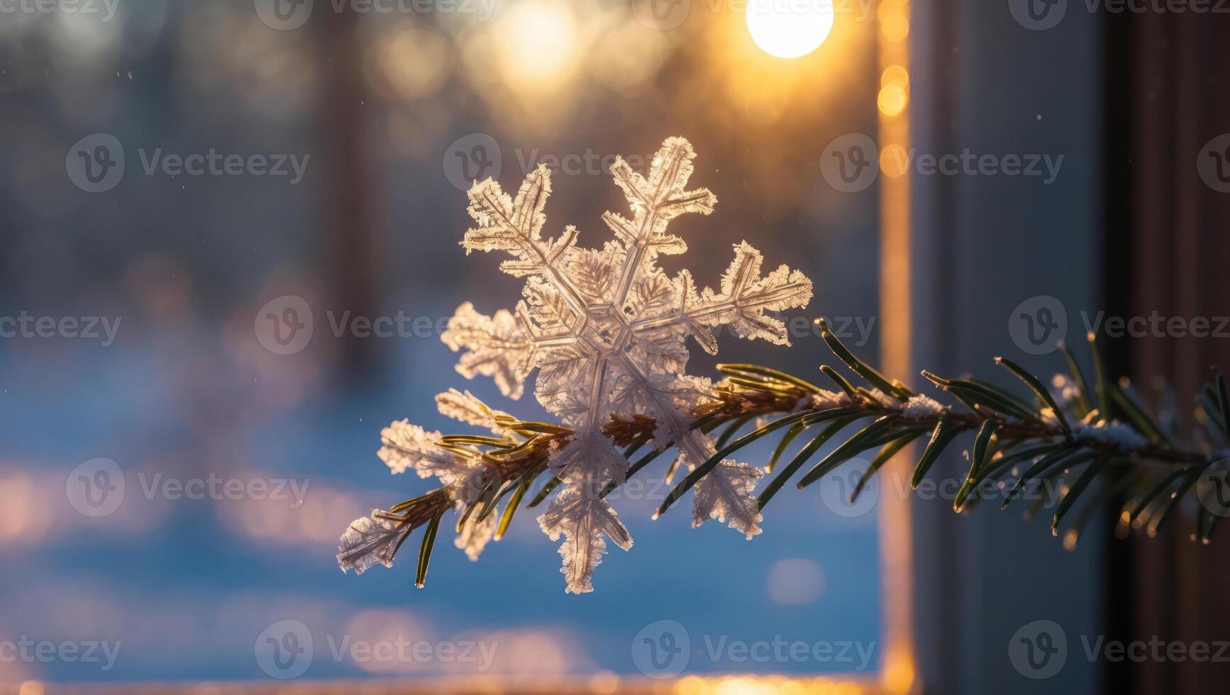 Delicate Snowflake Resting on Evergreen Branch with Soft Sunlight Background photo