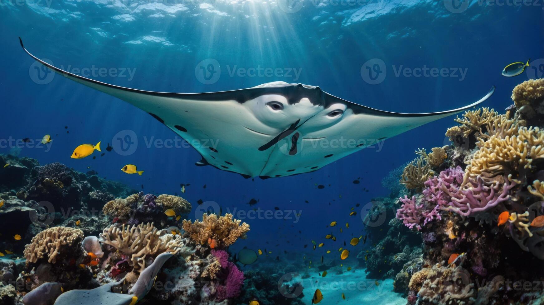 Manta Ray Gliding Gracefully Over a Vibrant Coral Reef Underwater photo