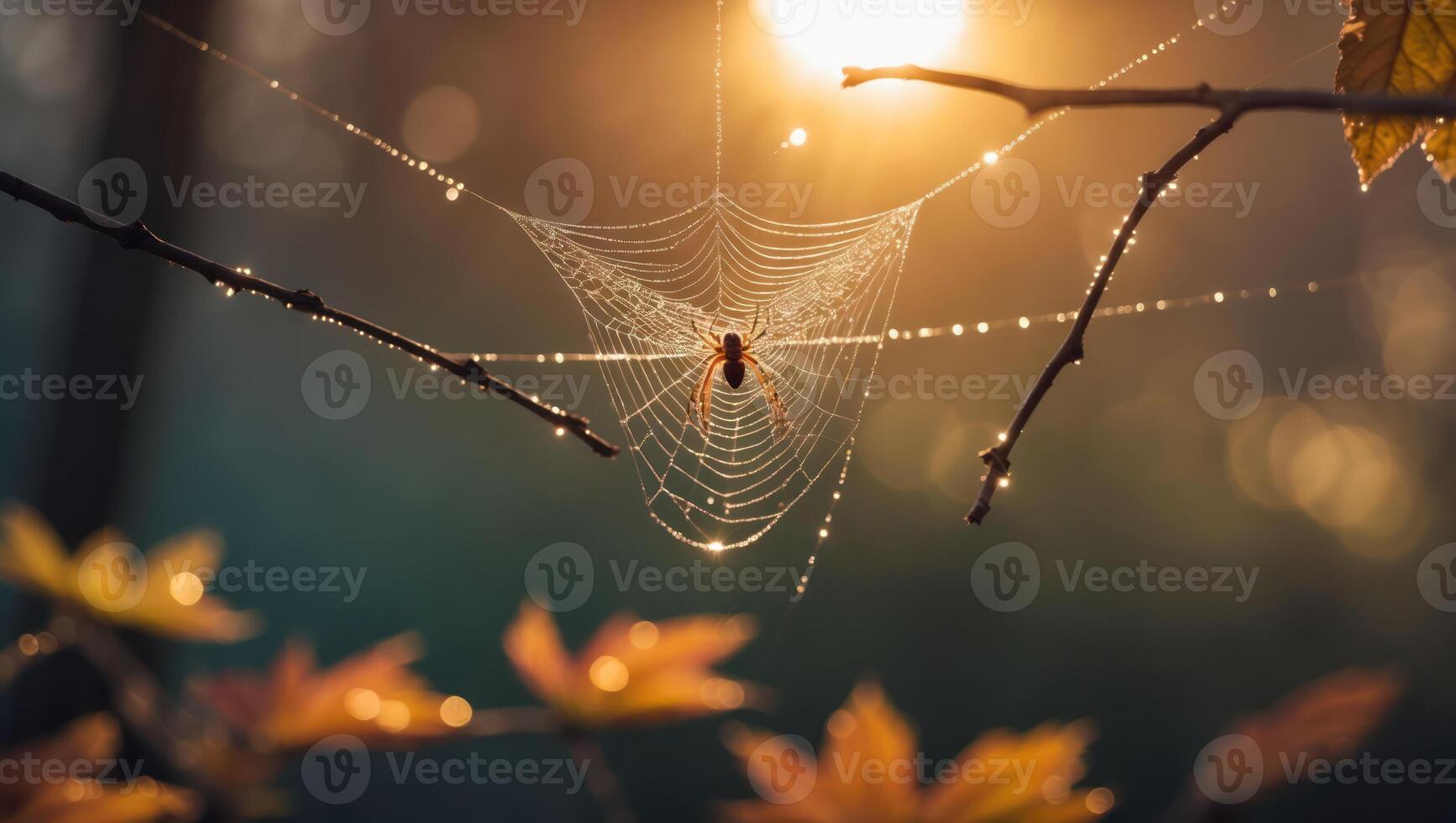 Spider on Dew-covered Web at Sunrise in Autumnal Forest photo