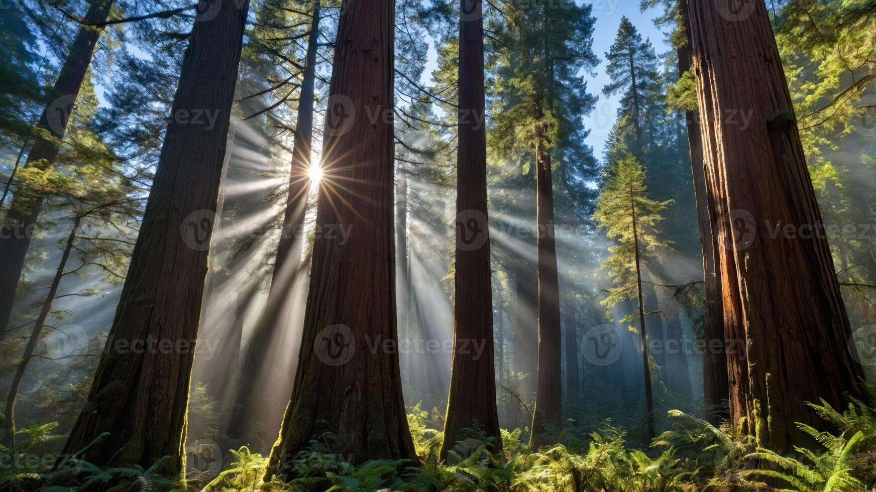 Sun Rays Streaming Through Tall Trees in Tranquil Forest Setting photo