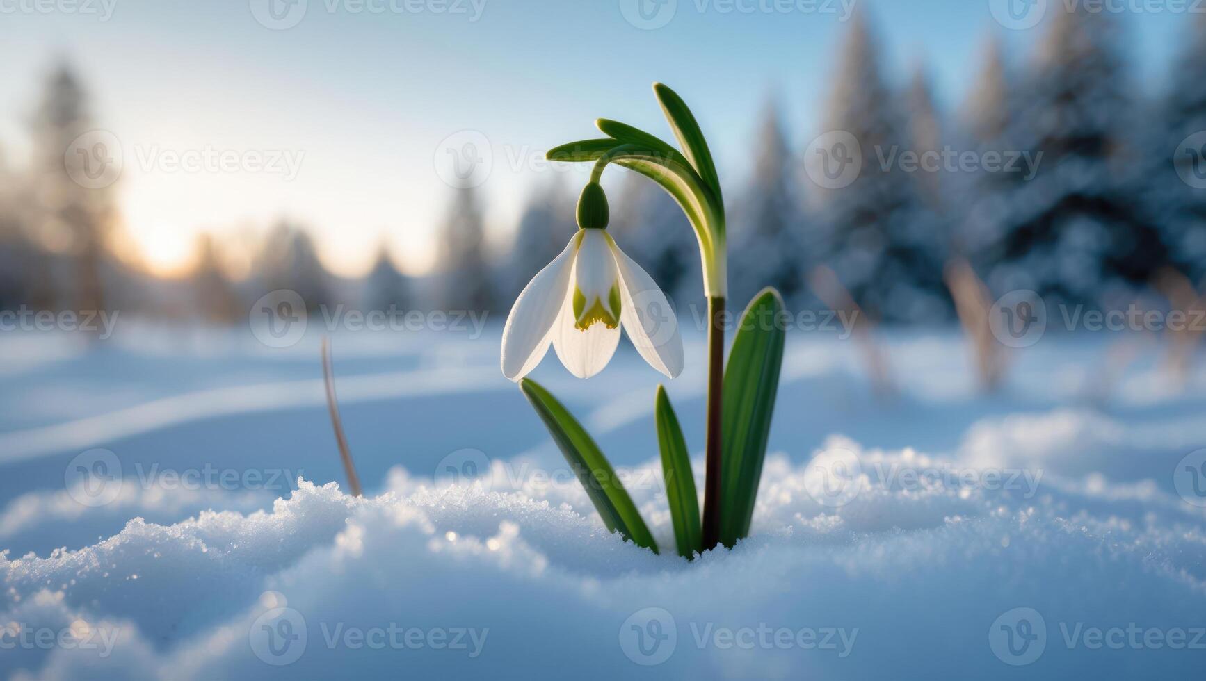 Snowdrop Flower Blooming in the Snow During Winter Season photo