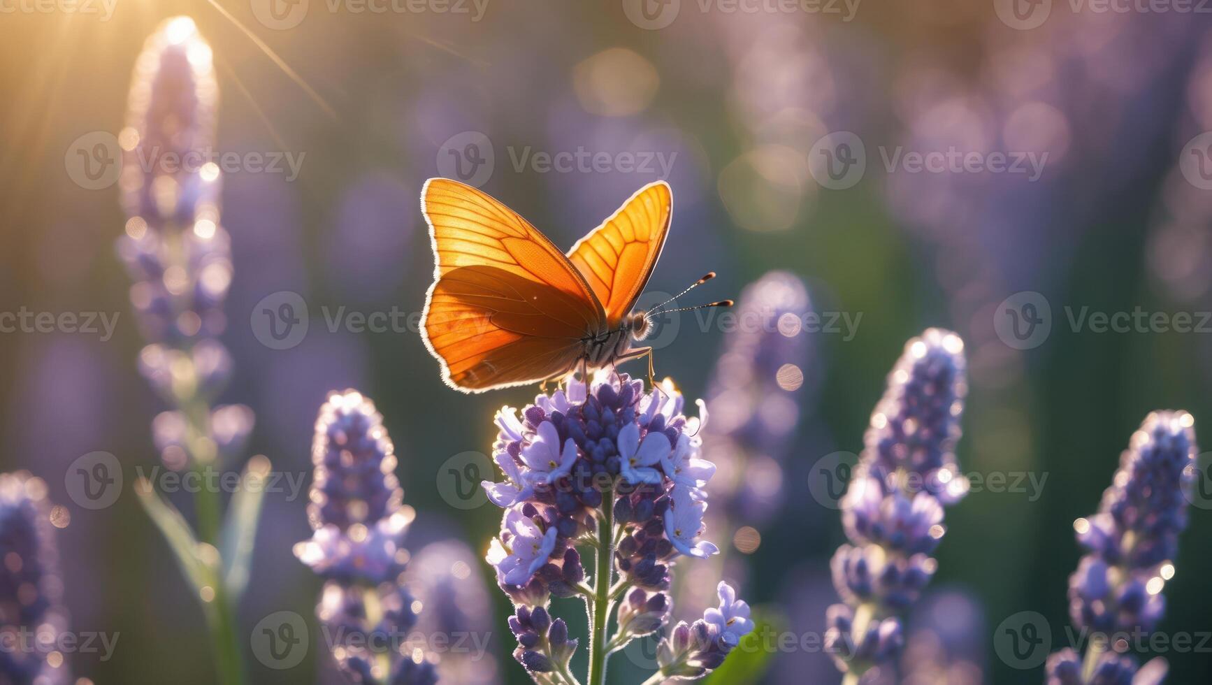 Orange Butterfly Resting on Lavender Flower in a Field at Sunset photo