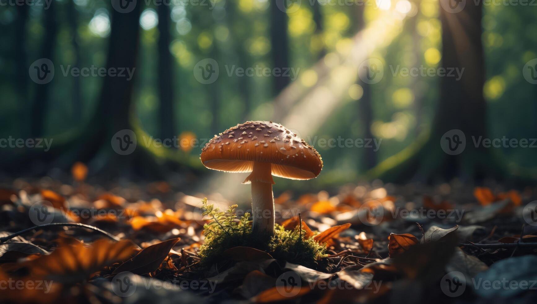 Mushroom Growing on Moss in Forest with Autumn Leaves and Sunlight photo