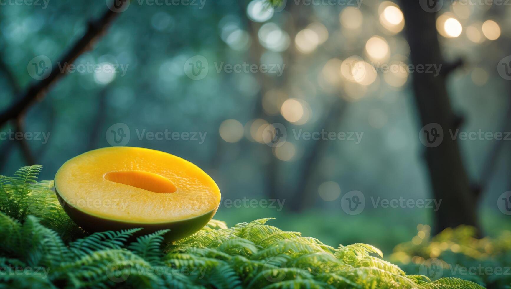 Mango Slice on Ferns in Forest with Bokeh Lights photo