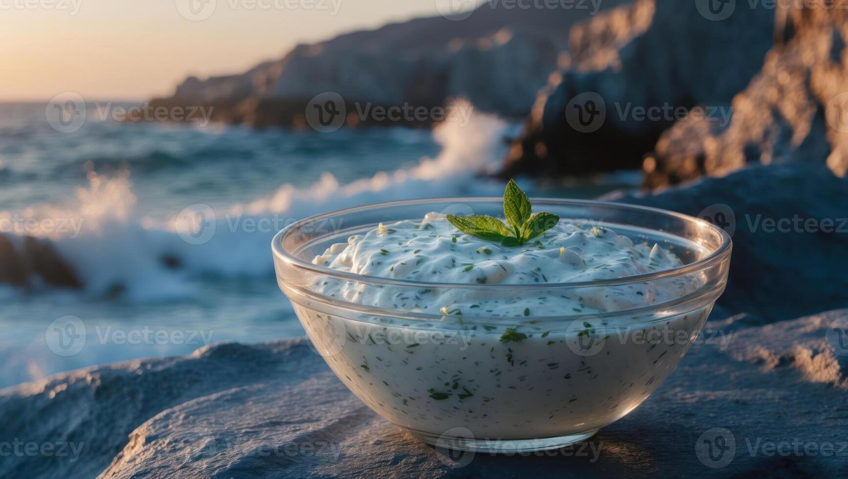 Creamy Dip with Mint on Beach Rocks Against Ocean Backdrop photo