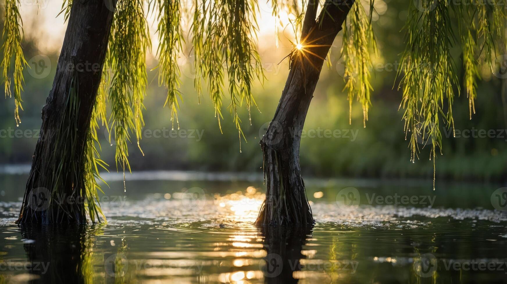 Willow Tree Reflections in Water at Sunrise Creates Serene Landscape photo