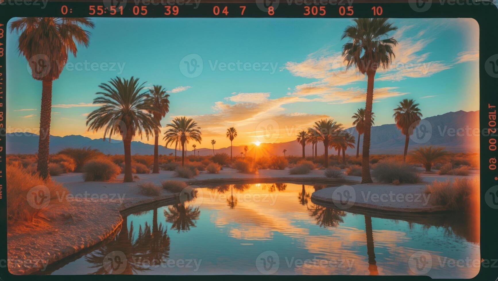 Palm Trees Reflecting in Water at Sunset with Mountain Backdrop photo