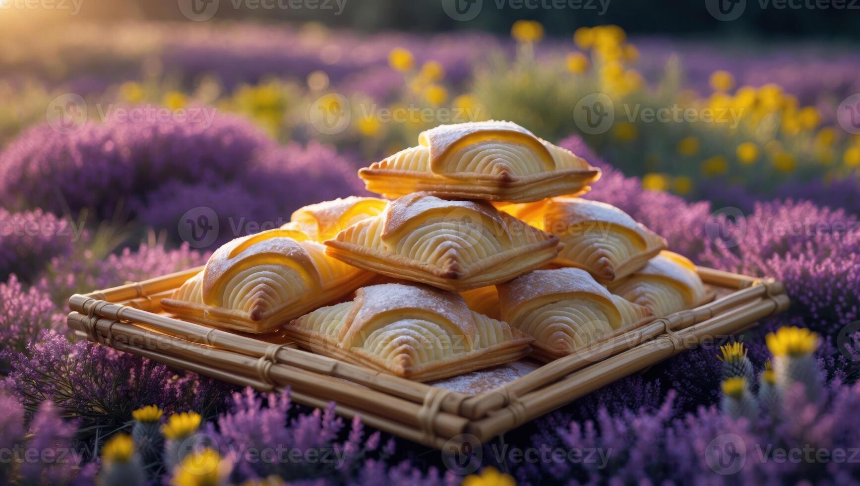 Pastries Stacked on Tray in Lavender Field at Golden Hour photo