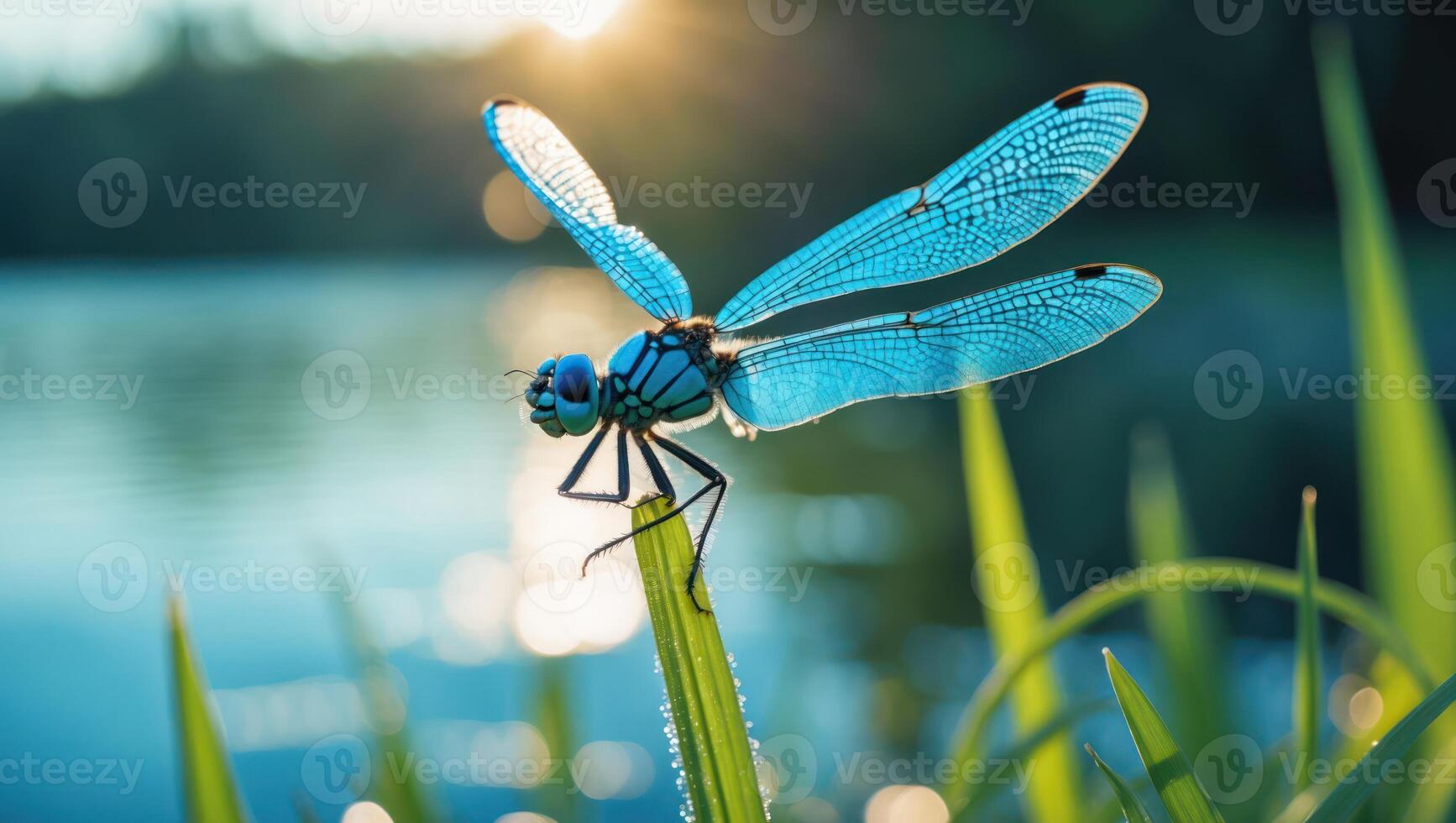 Dragonfly Resting on Grass with Water Reflection in Natural Light photo