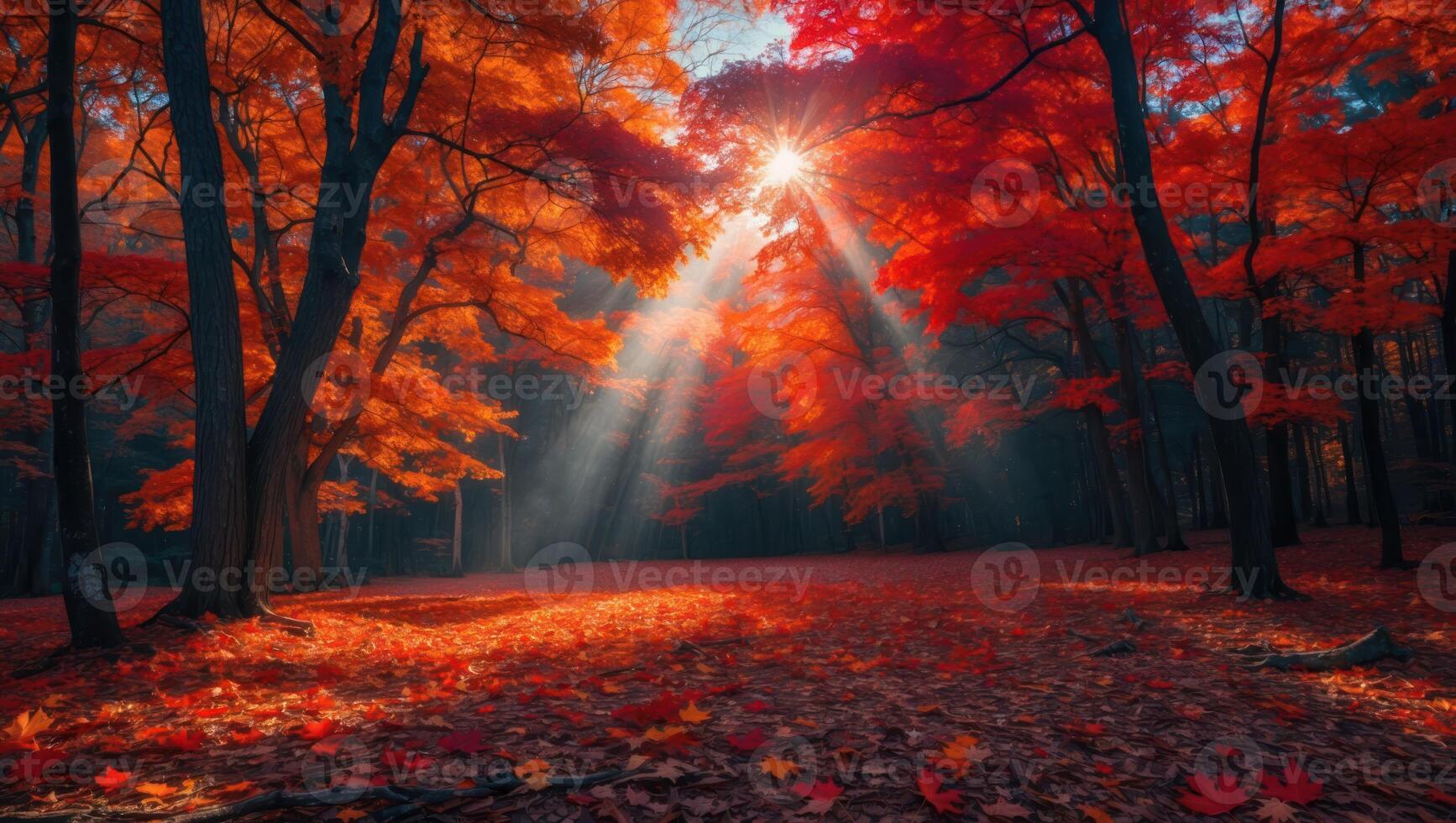 Sun Rays Streaming Through Colorful Autumn Forest with Fallen Leaves photo