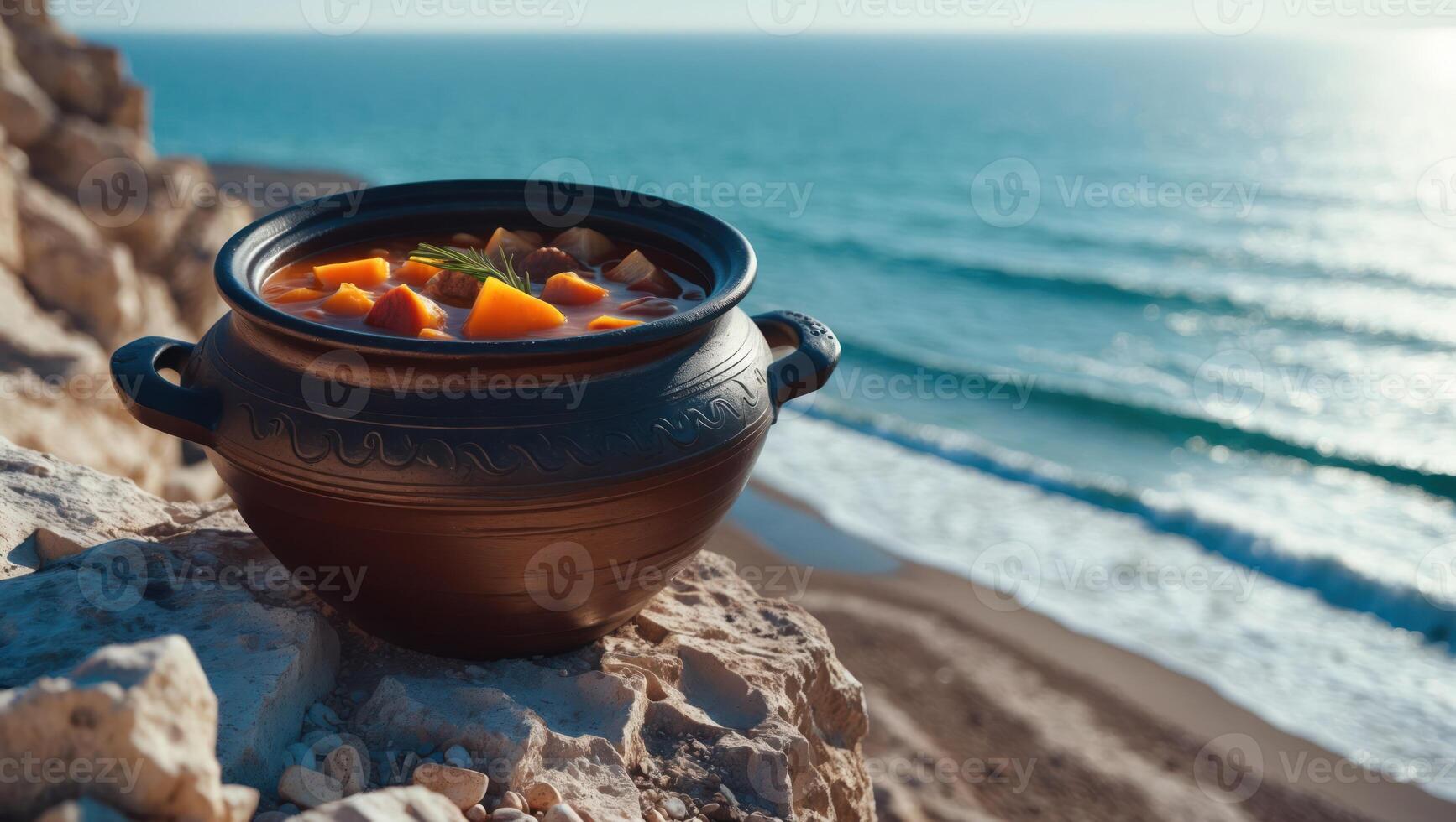 Stew in Pot Overlooking Ocean Horizon Offers Serene Coastal Dining photo