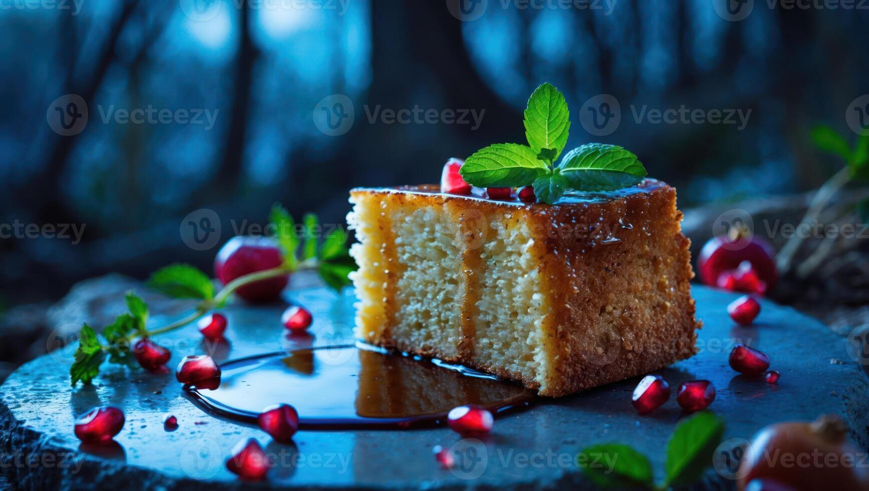 Delicious Slice of Cake Garnished with Pomegranate and Mint Leaves photo